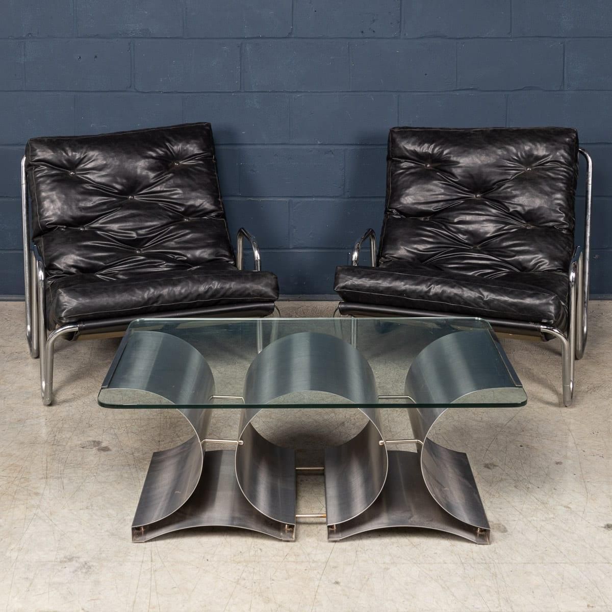 20thc French Brushed Steel & Glass Coffee Table By François Monnet For Kappa photo for sale