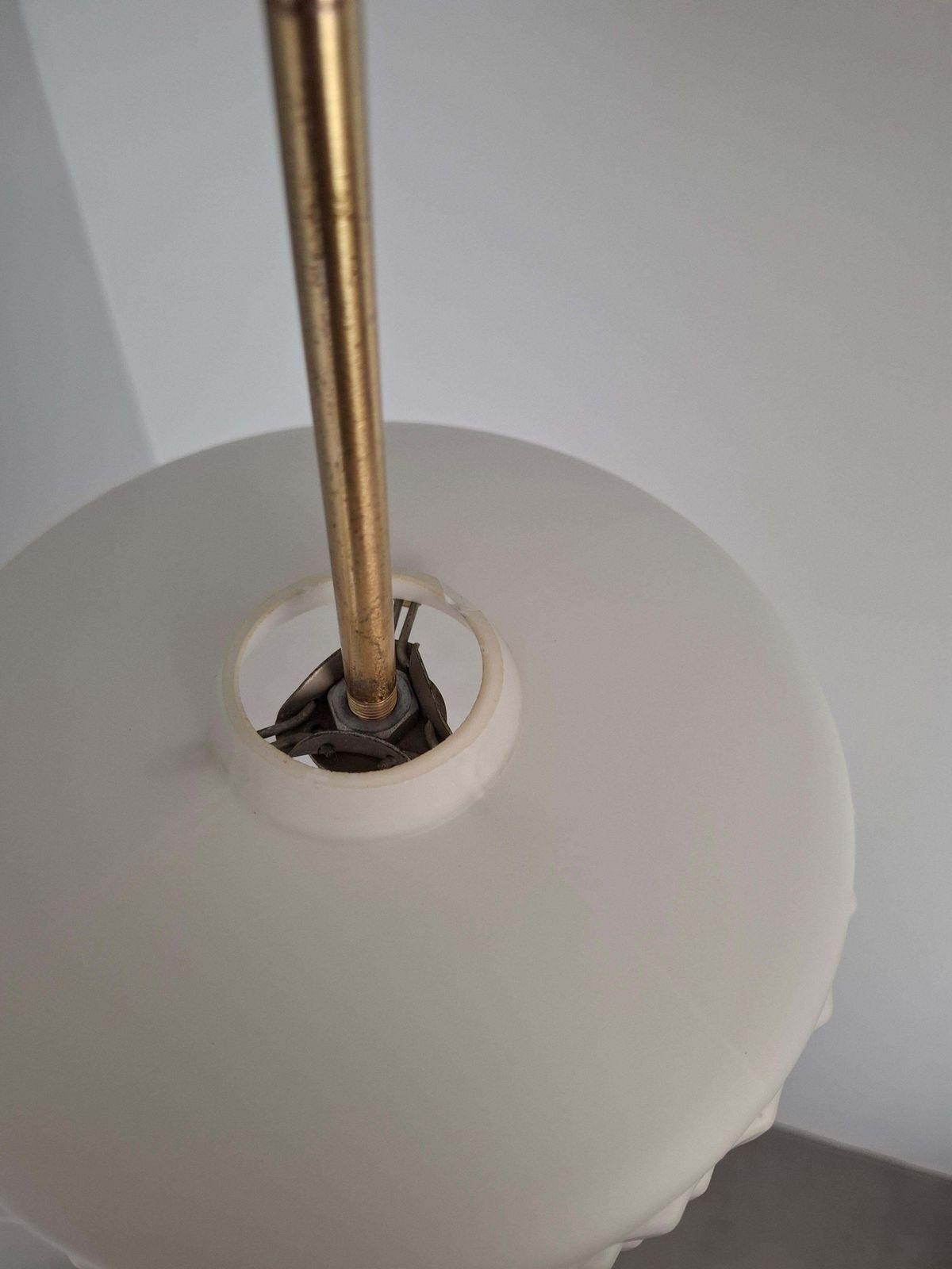 Czechoslovak Midcentury Modern Pendant Lamp In Textured Glass And Brass, 1970s photo vintage