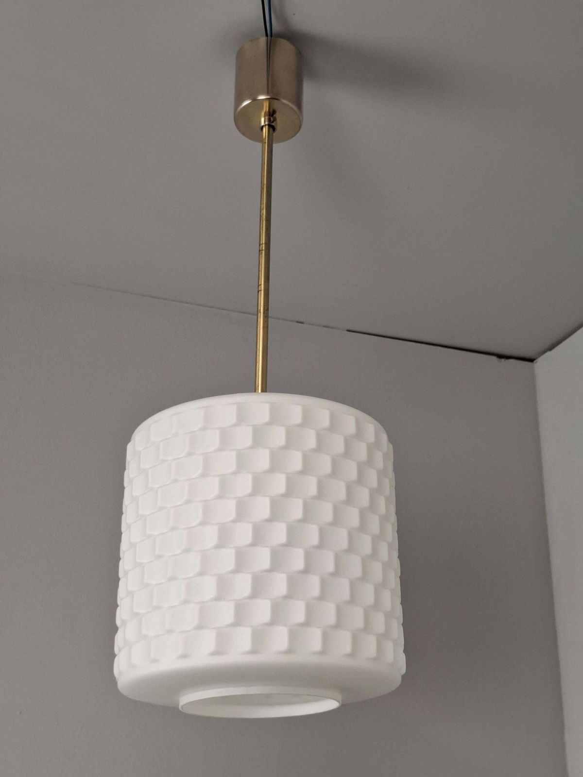 Lighting Czechoslovak Midcentury Modern Pendant Lamp In Textured Glass And Brass, 1970s photo