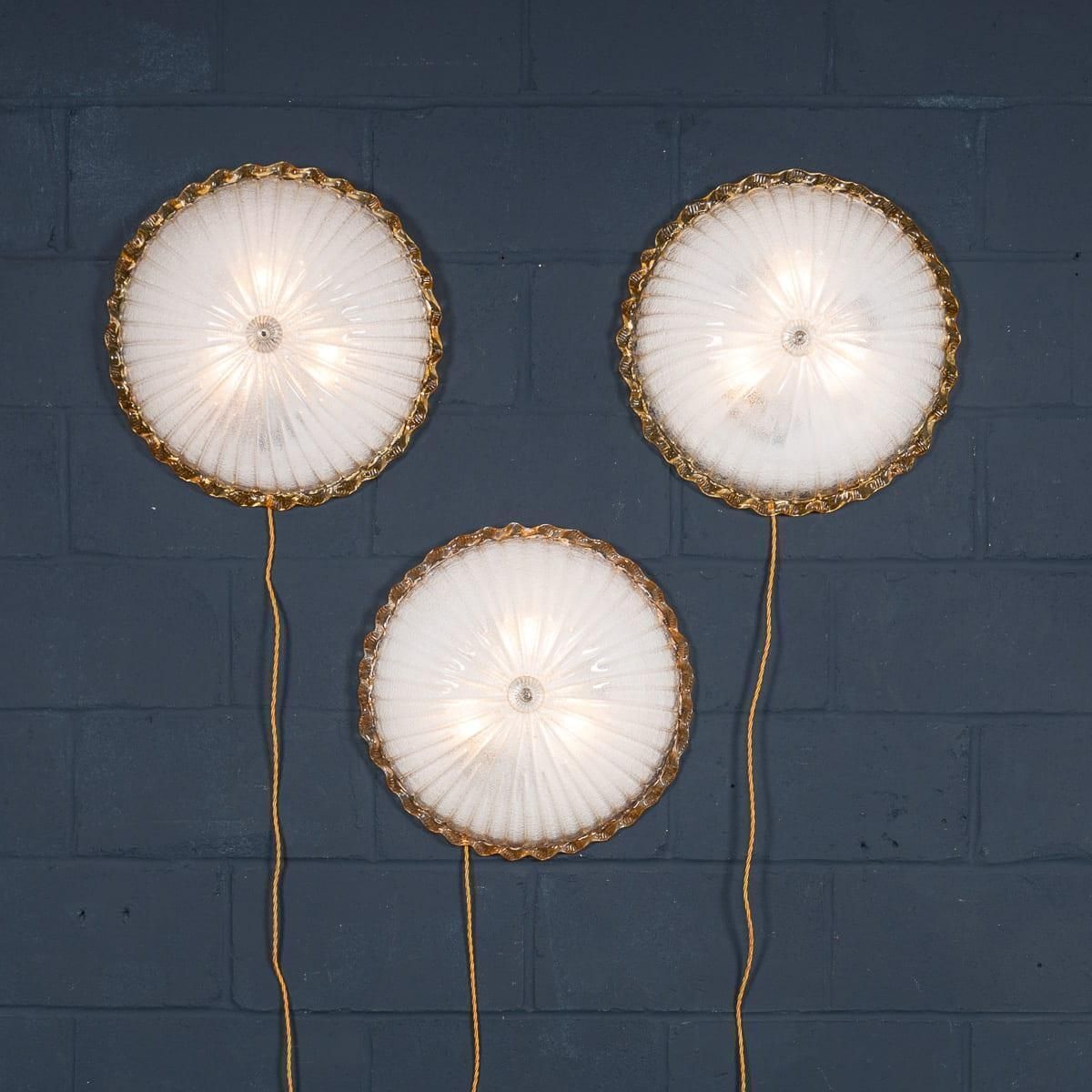 Vintage 20thc Set Of Three Frosted Glass & Brass Wall Lights, Murano C.1980 photo furniture