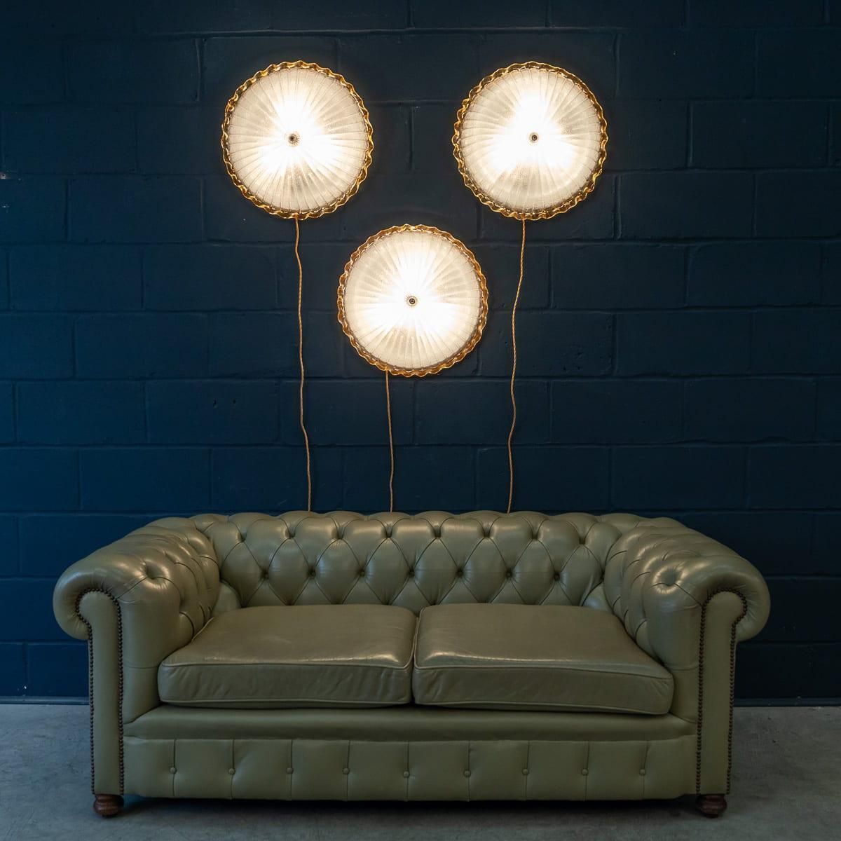 Vintage 20thc Set Of Three Frosted Glass & Brass Wall Lights, Murano C.1980 photo Lighting