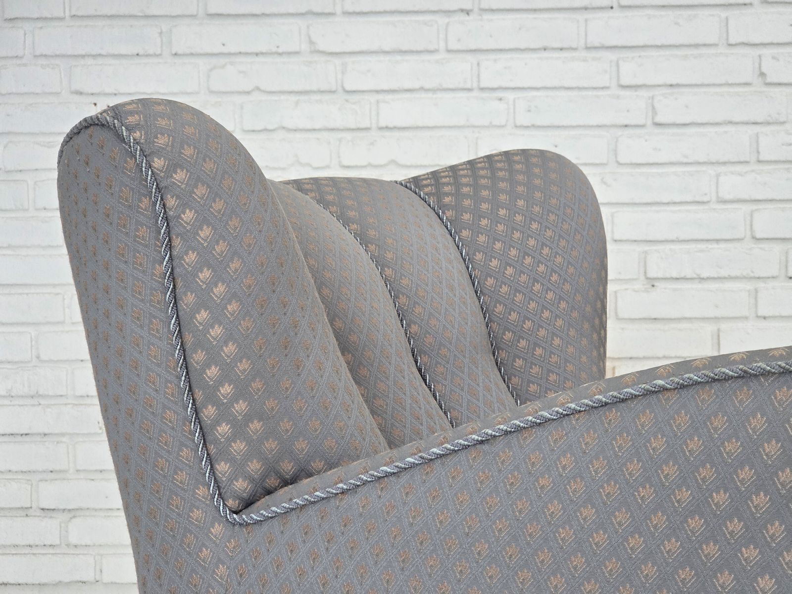1950s, Danish Armchair, Furniture Fabric, Carved Oak Wood. photo furniture