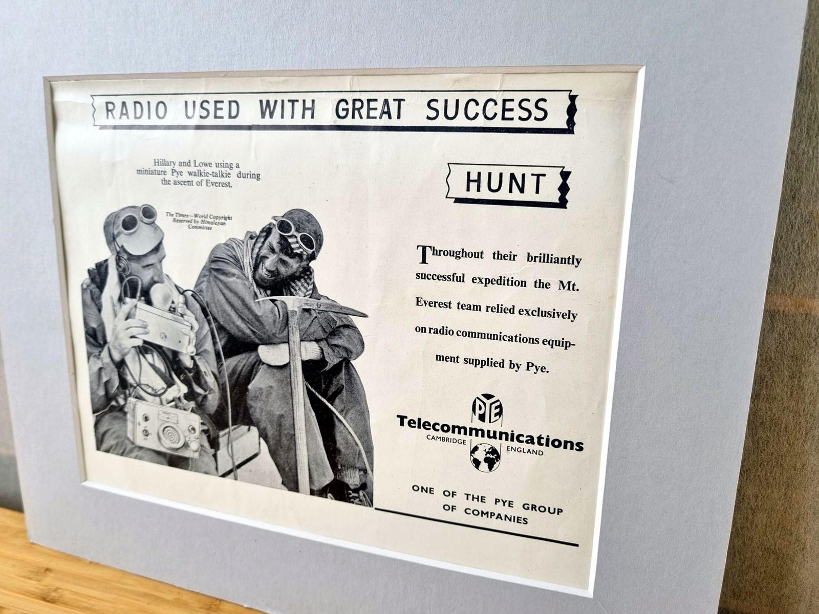 Vintage Technology Advertisement Print, Pye Radio Everest, 1953 British Mountaineering Advertising, Framed Display Art photo for sale