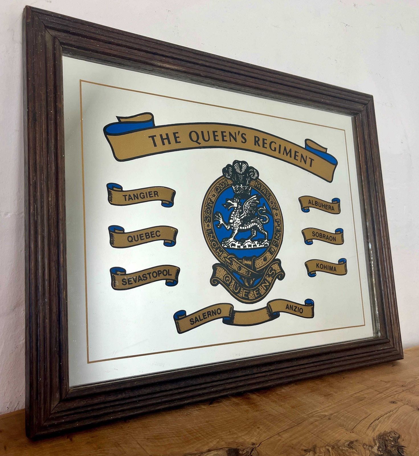 British Vintage Printed Mirror, Battle Honours, The Queen's Regiment, Military Picture photo for sale