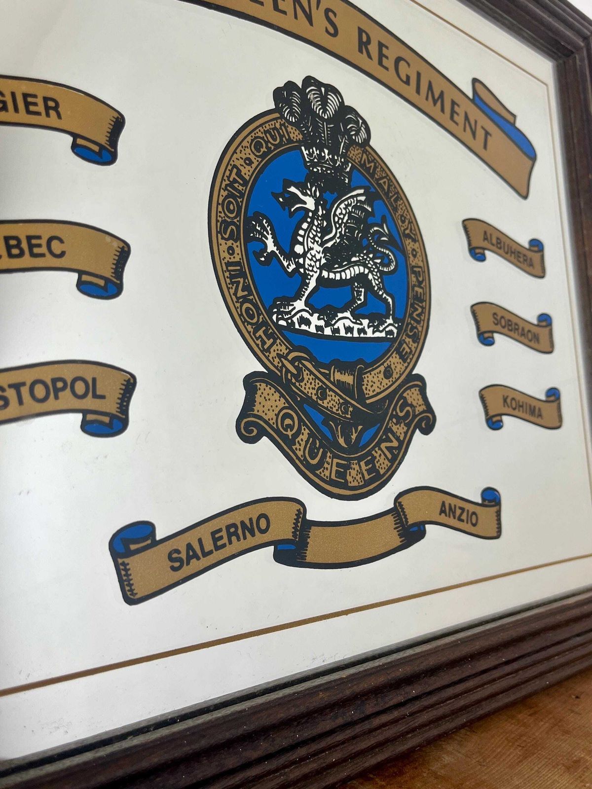 British Vintage Printed Mirror, Battle Honours, The Queen's Regiment, Military Picture photo vintage
