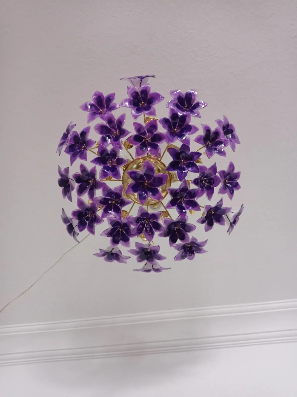 Vintage 1970s Murano Purple Glass Semi Flush Mount Calla Lily Hand Painted Chandelier photo vintage