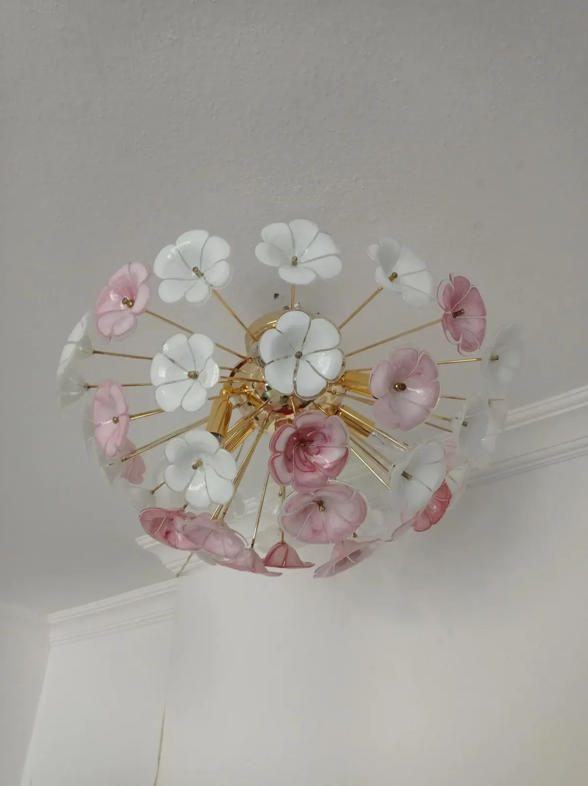 1970s Sputnik Chandelier Pink White Flush Mount Lighting photo for sale