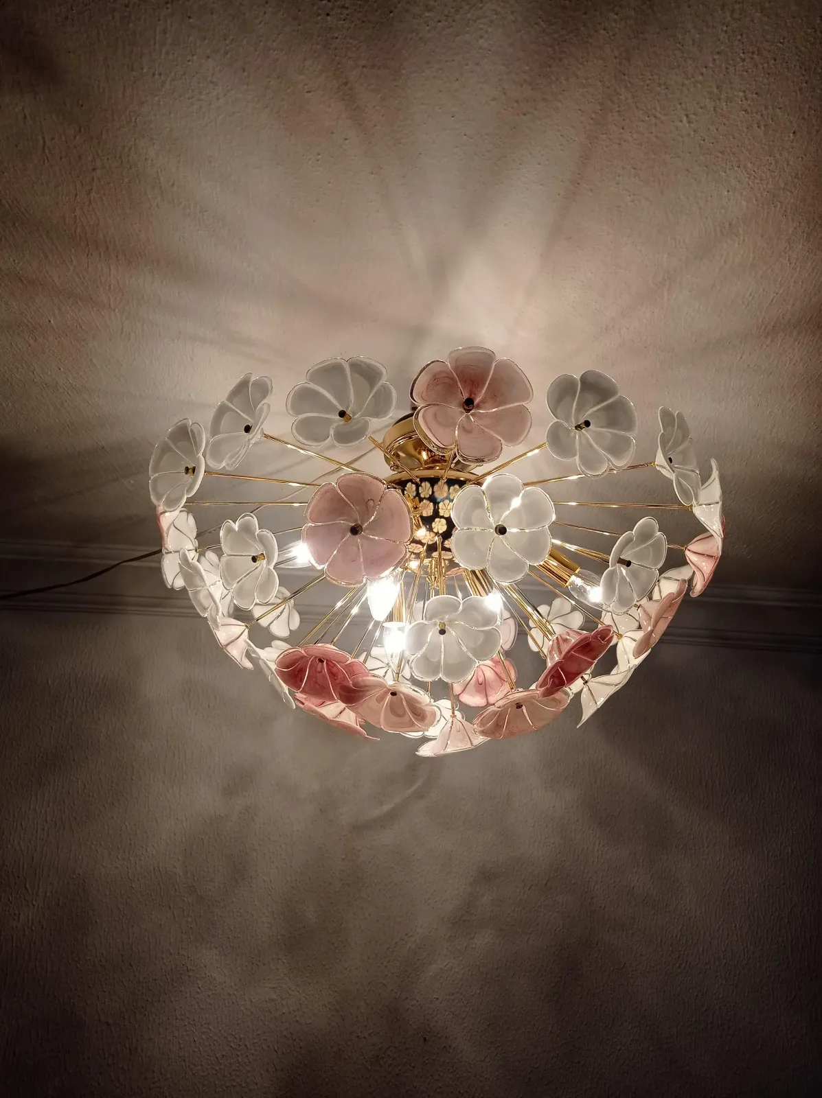photo for sale 1970s Sputnik Chandelier Pink White Flush Mount Lighting
