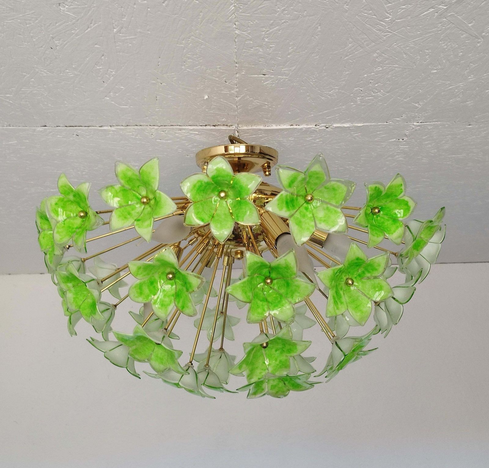Green Floral Sputnik Flush Mount Chandelier 1980s Glass Flowers photo for sale