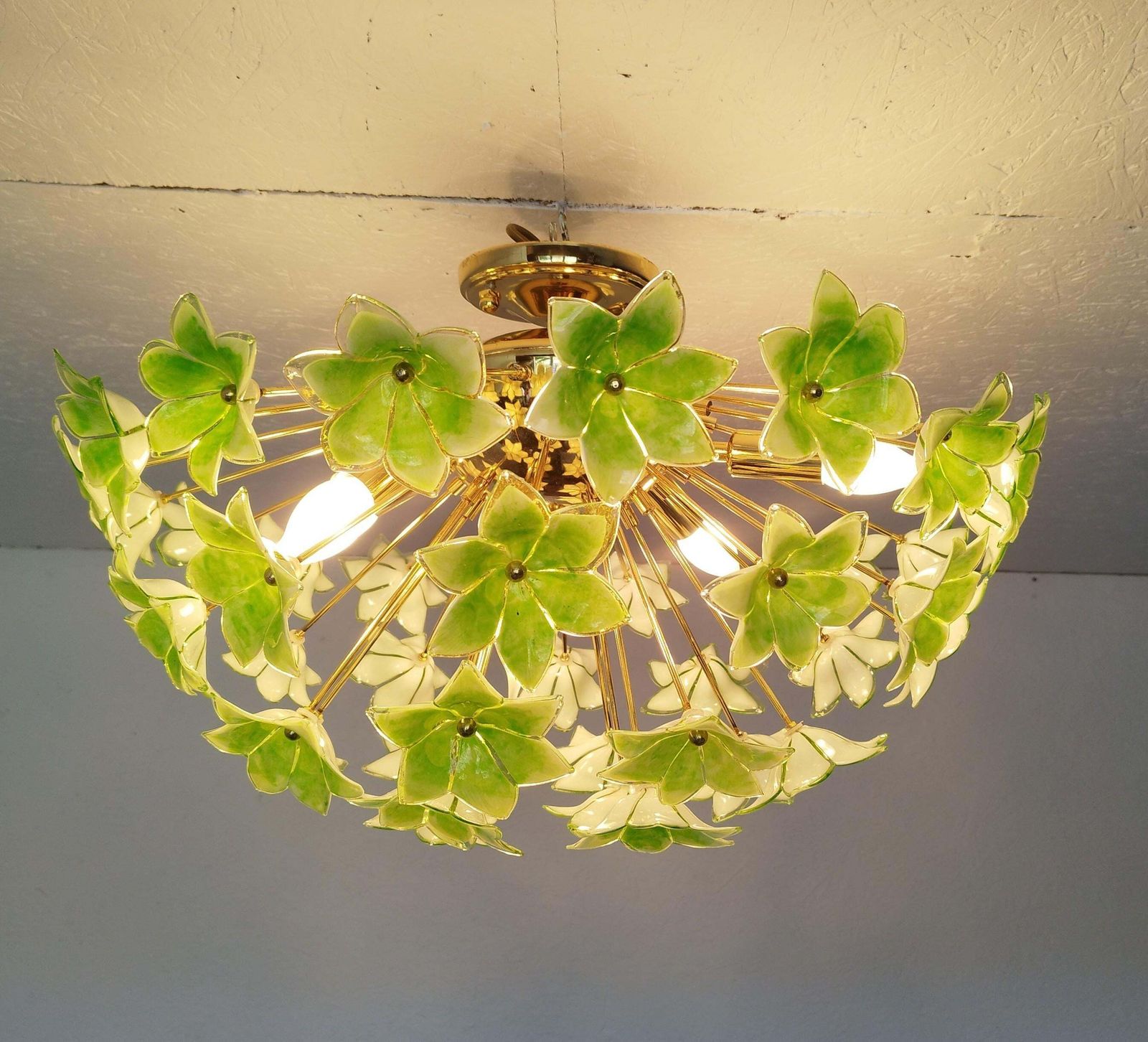 photo for sale Green Floral Sputnik Flush Mount Chandelier 1980s Glass Flowers