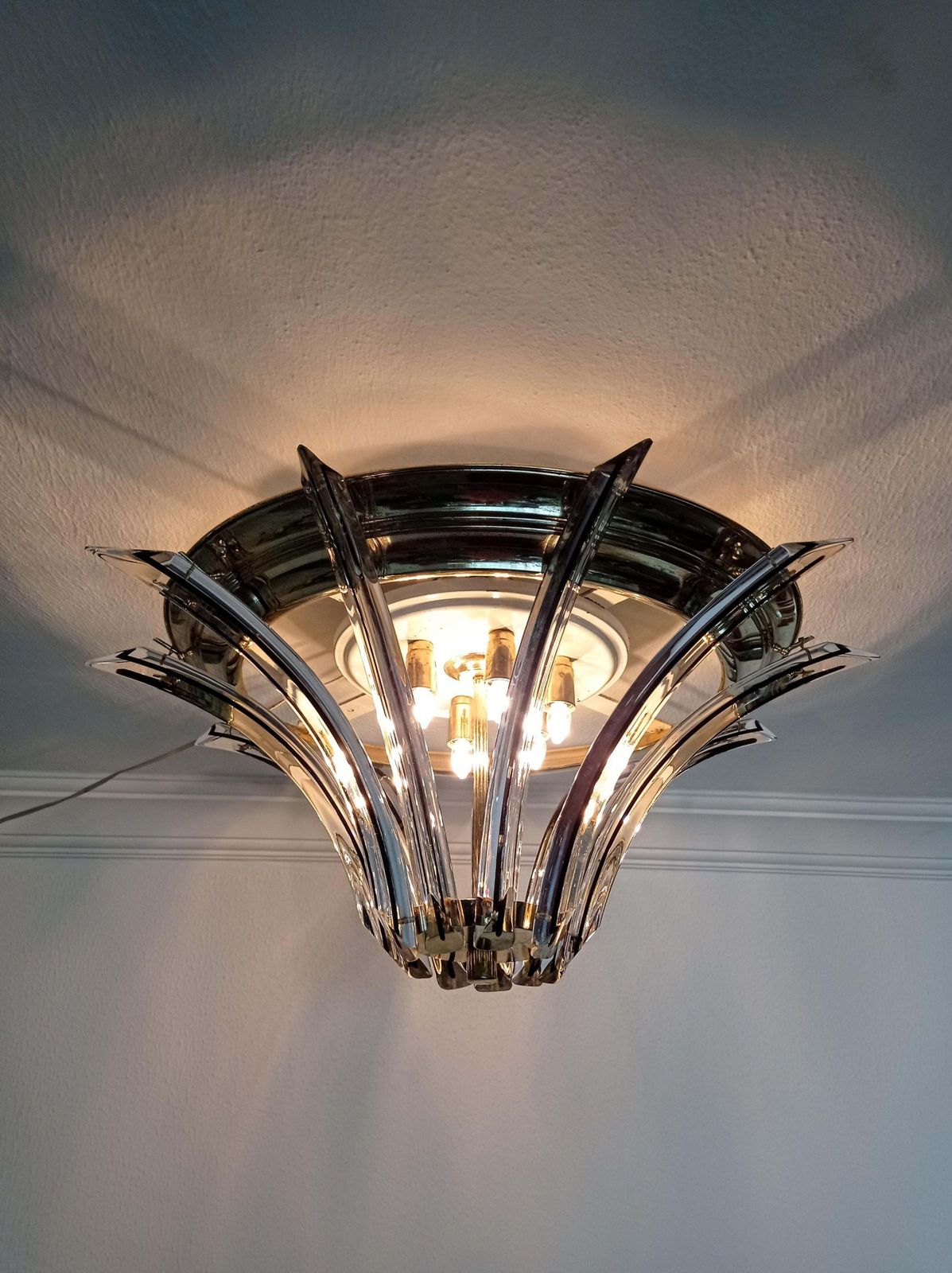 70s Large Venini Italian Mid Century Crystal Round Light Fixture photo for sale