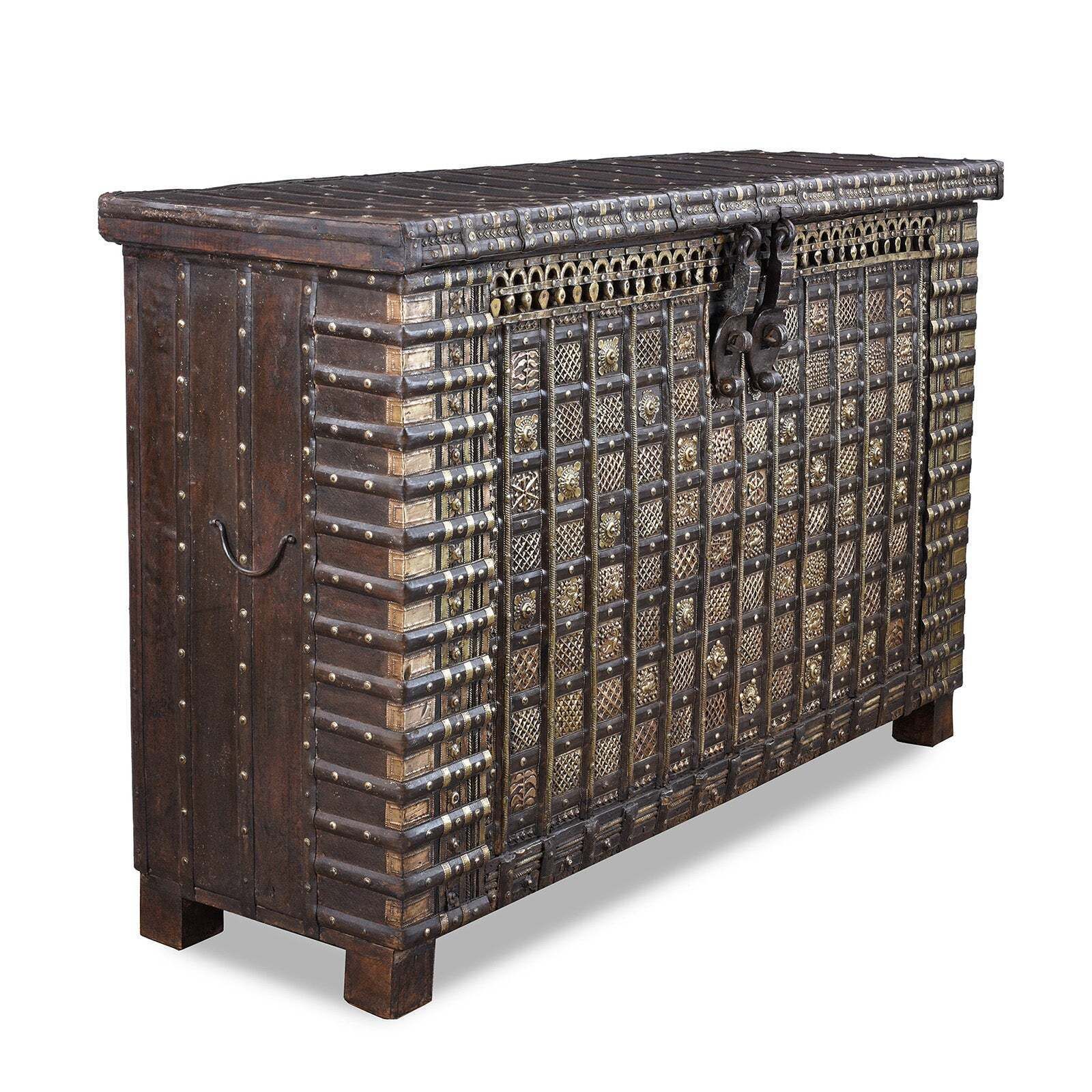 Antique Indian Brass Bound Pithara Console Chest From Saurashtra   18th Century photo for sale