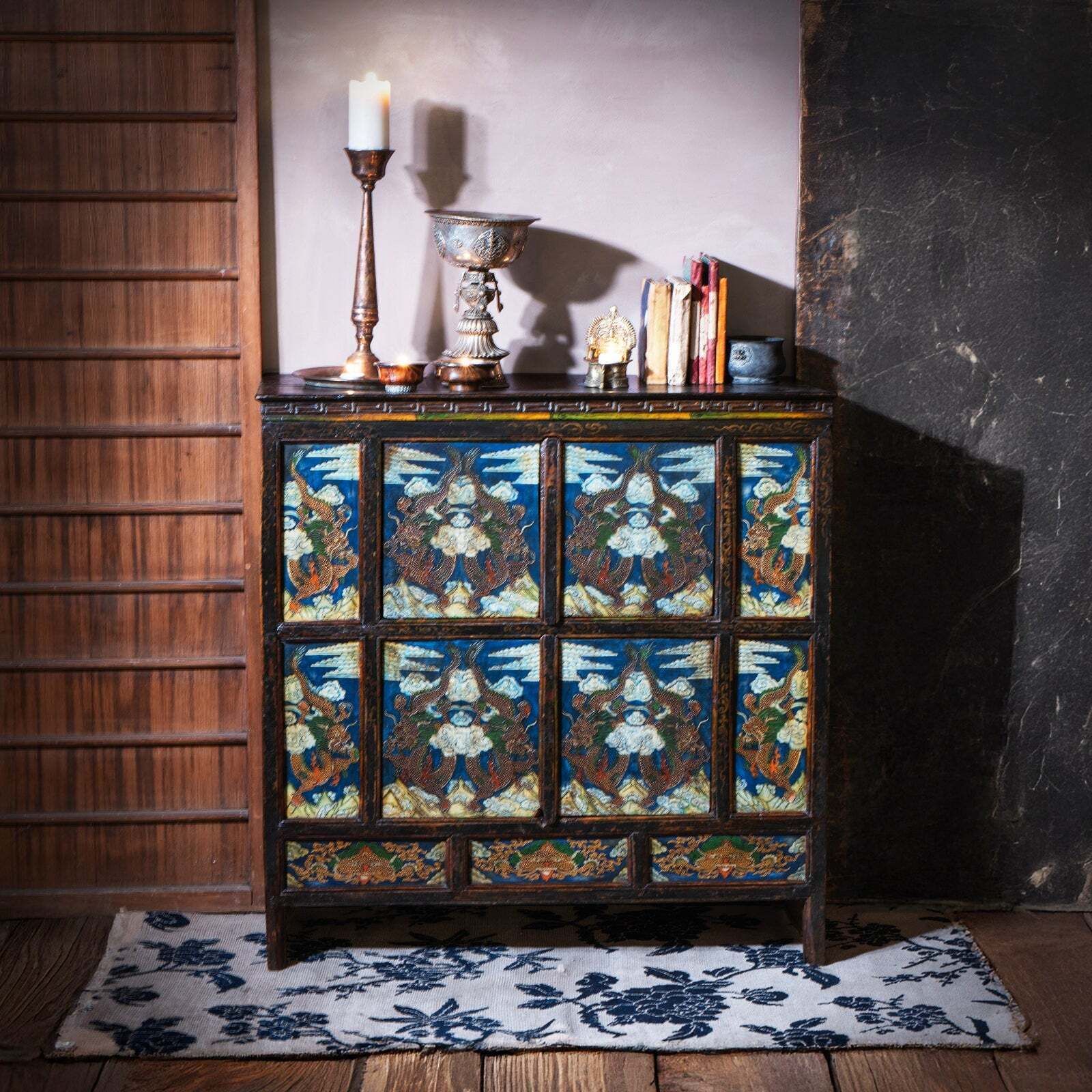 Tibetan Painted Altar Cabinet With Later Painting