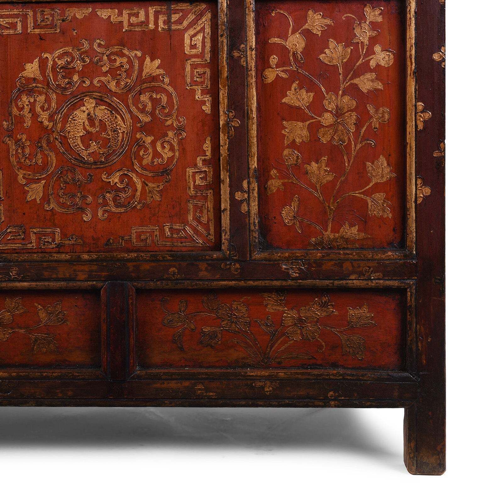 Red & Gold Painted Tibetan Altar Cabinet  19th Century photo vintage
