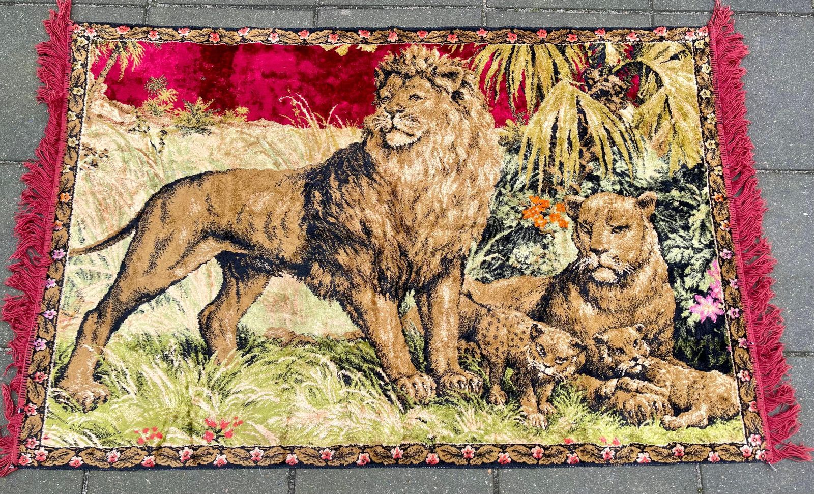 Vintage Boho Style Woven Velvet Tapestry Of A Lion Family, 1970s photo buy