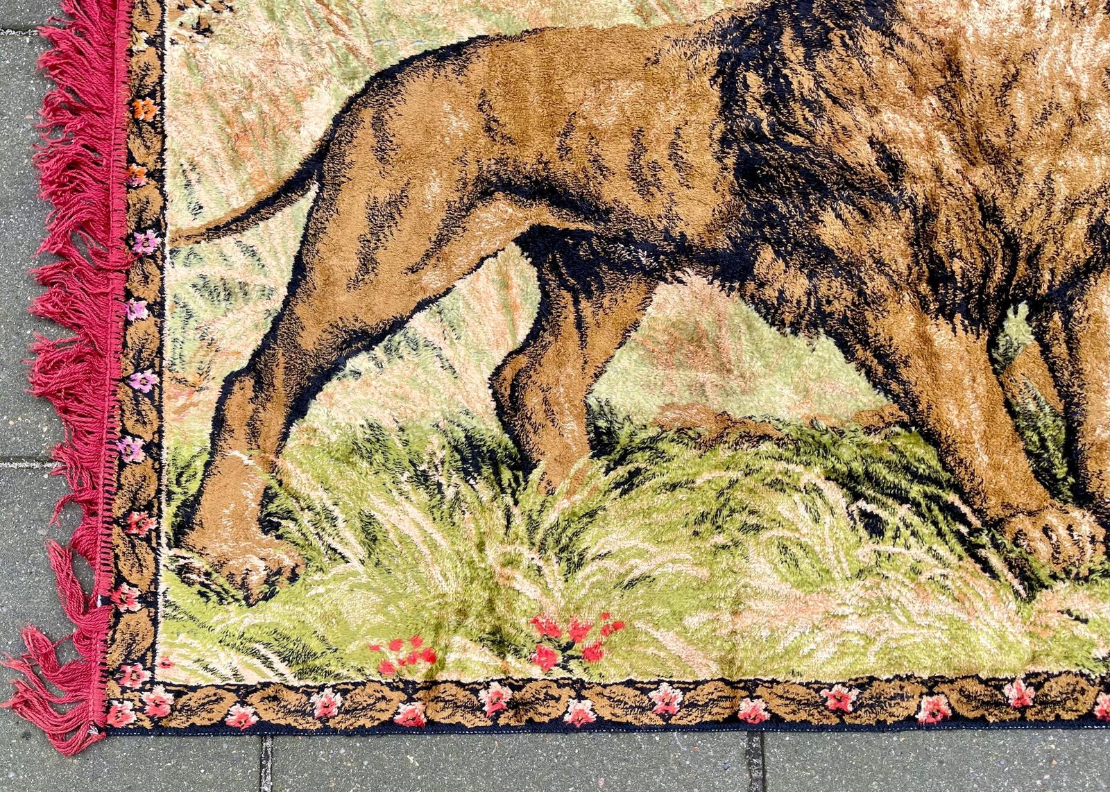 photo for sale Vintage Boho Style Woven Velvet Tapestry Of A Lion Family, 1970s