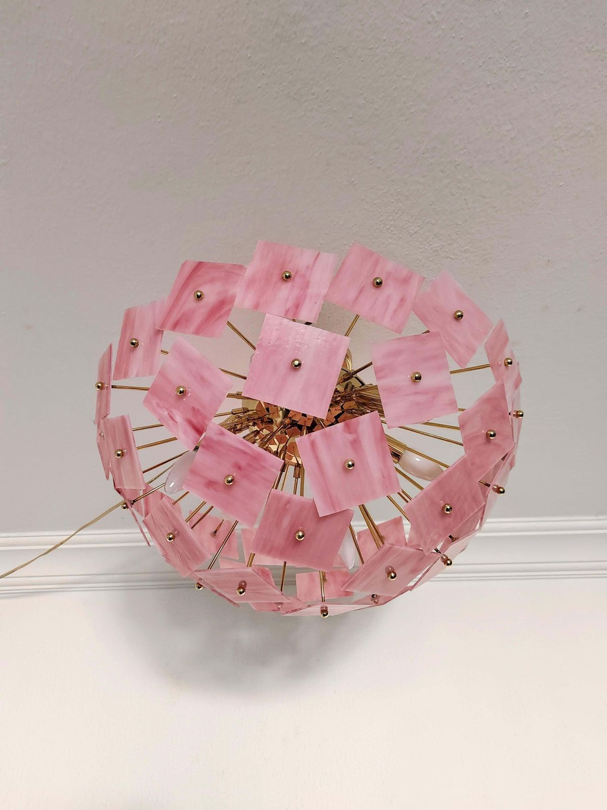 Pink Vitrail Glass Sputnik Flush Mount Chandelier Mid Century Inspired Art Lighting photo for sale