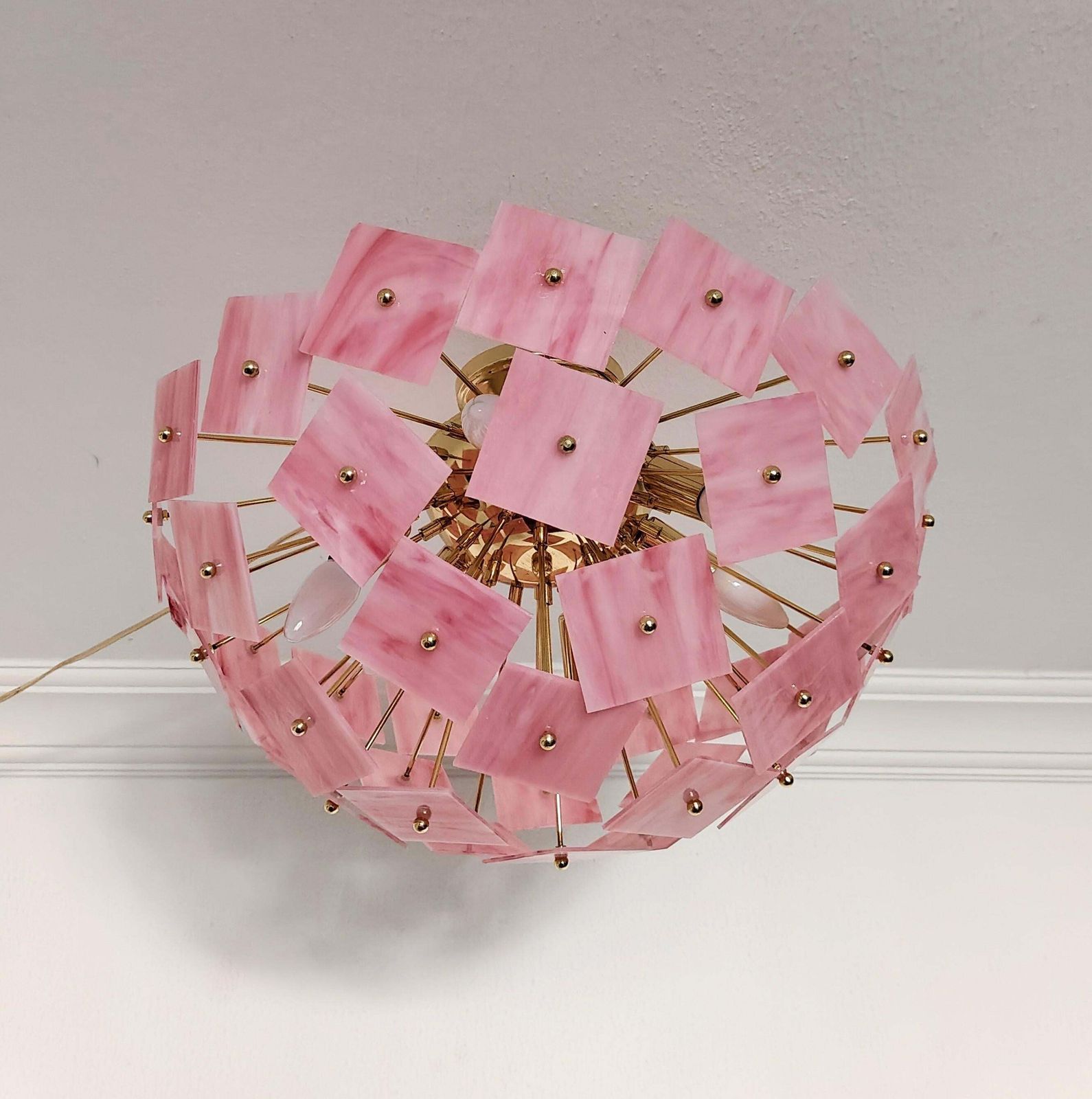 Pink Vitrail Glass Sputnik Flush Mount Chandelier Mid Century Inspired Art Lighting photo Lighting