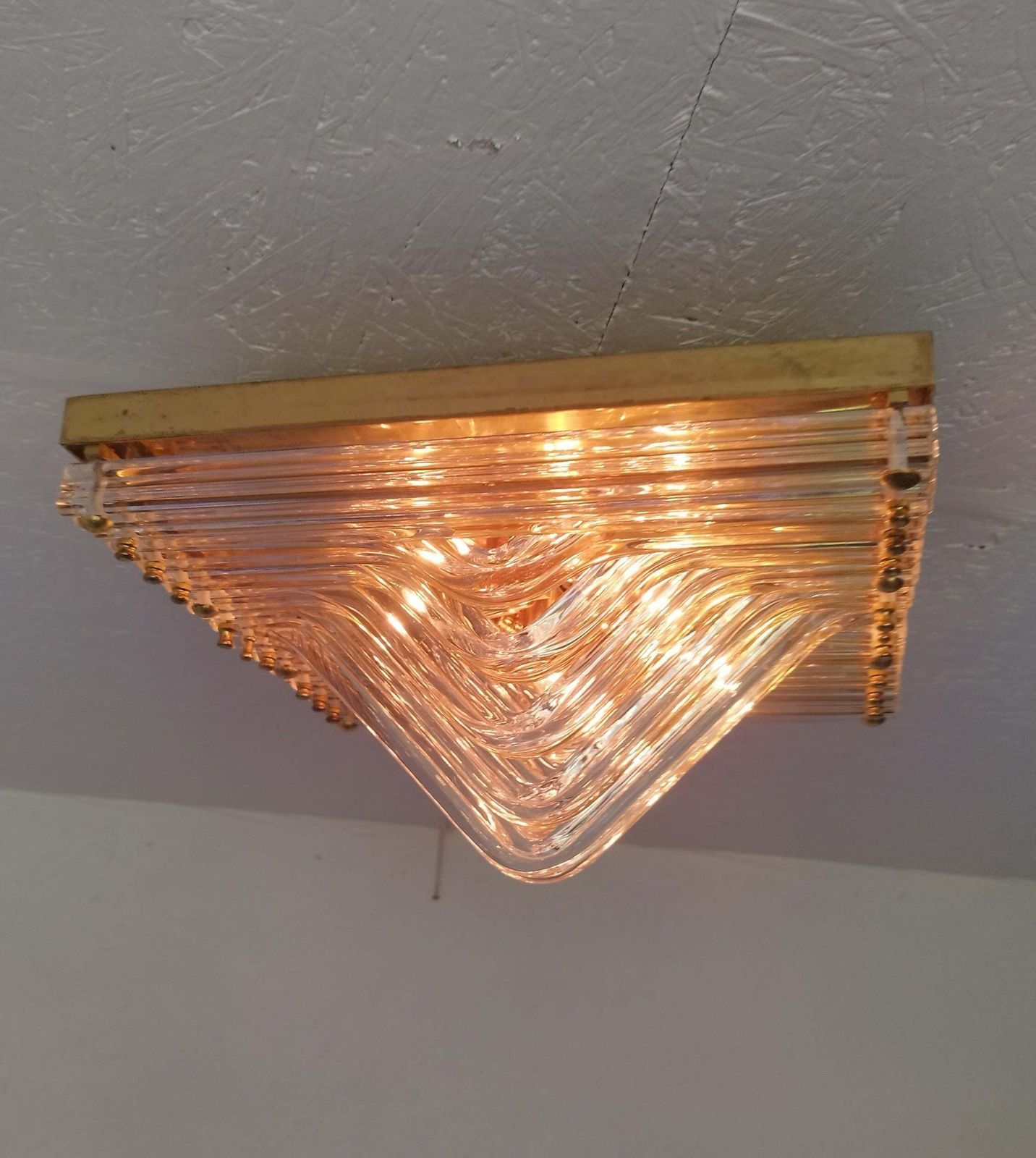 Murano Venini Styled Curved Quadriedri Crystal Glass Chevron Flush Mount In Brass, Italy, 1970s photo furniture