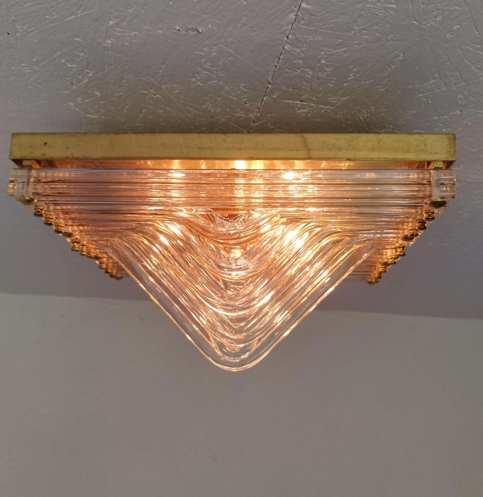 photo for sale Murano Venini Styled Curved Quadriedri Crystal Glass Chevron Flush Mount In Brass, Italy, 1970s