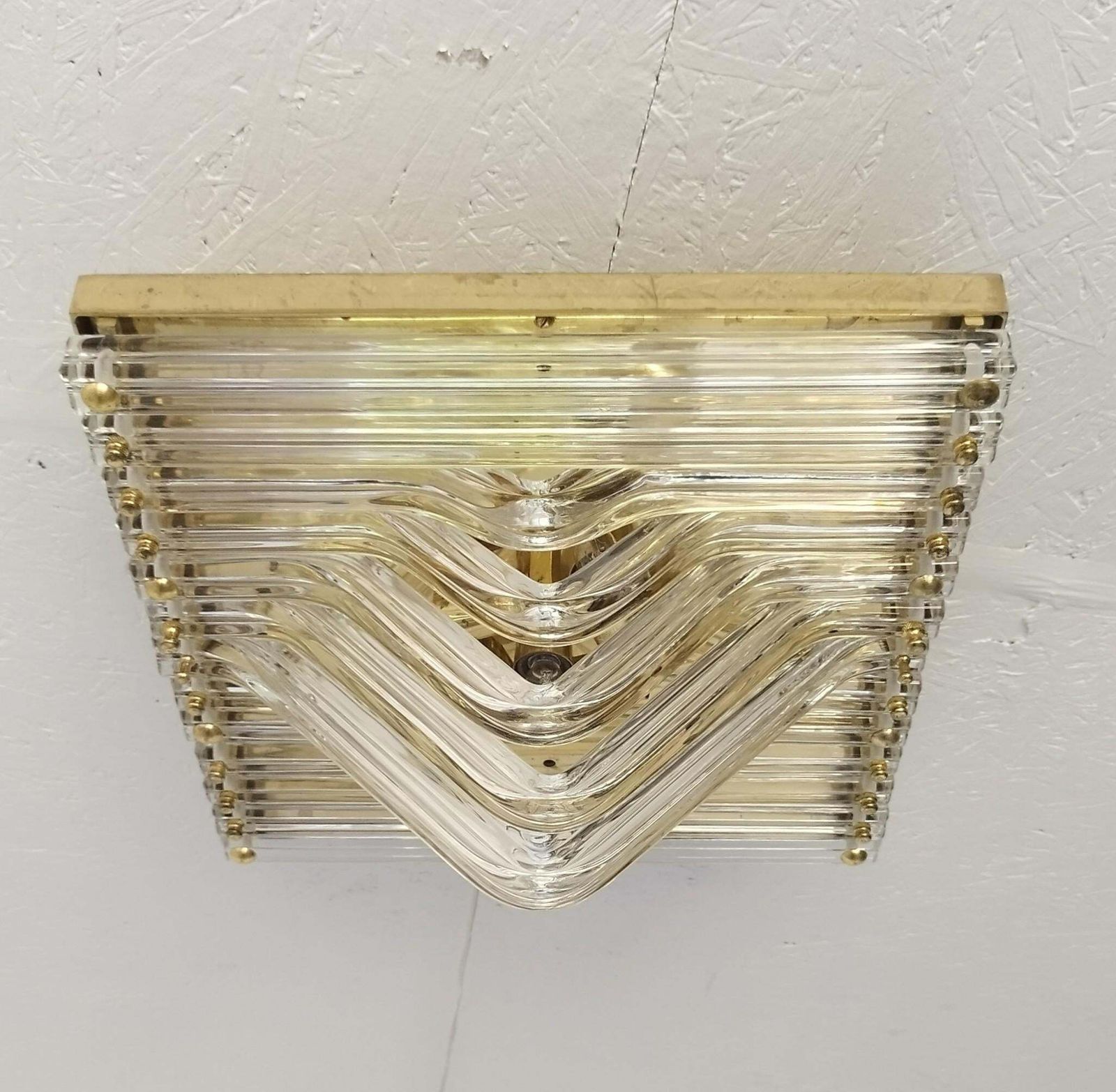 photo buy Murano Venini Styled Curved Quadriedri Crystal Glass Chevron Flush Mount In Brass, Italy, 1970s