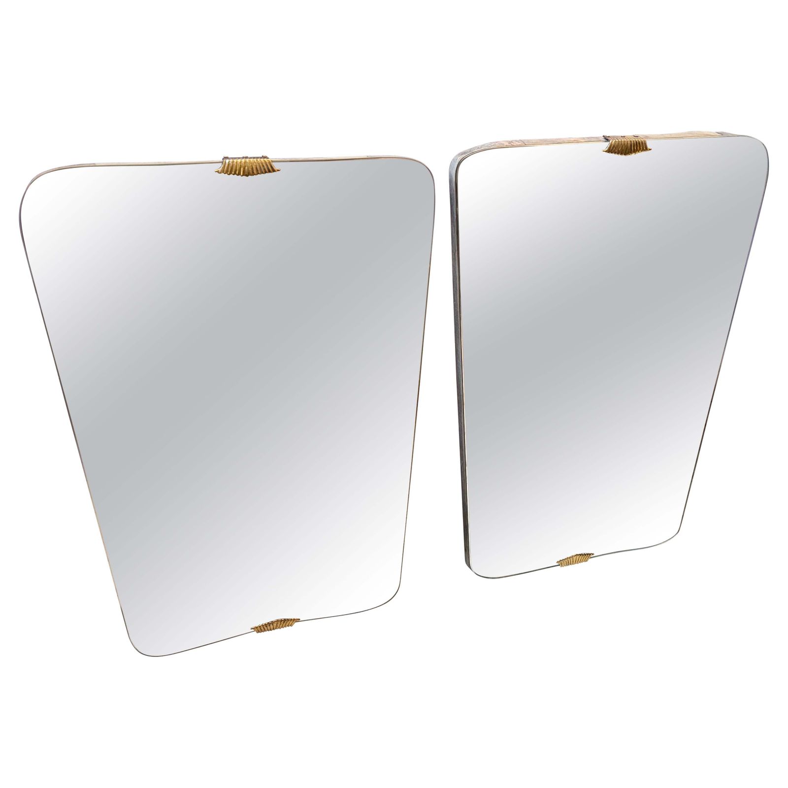 Two 1950s Gio Ponti Style Mid Century Modern Wood And Brass Wall Mirrors