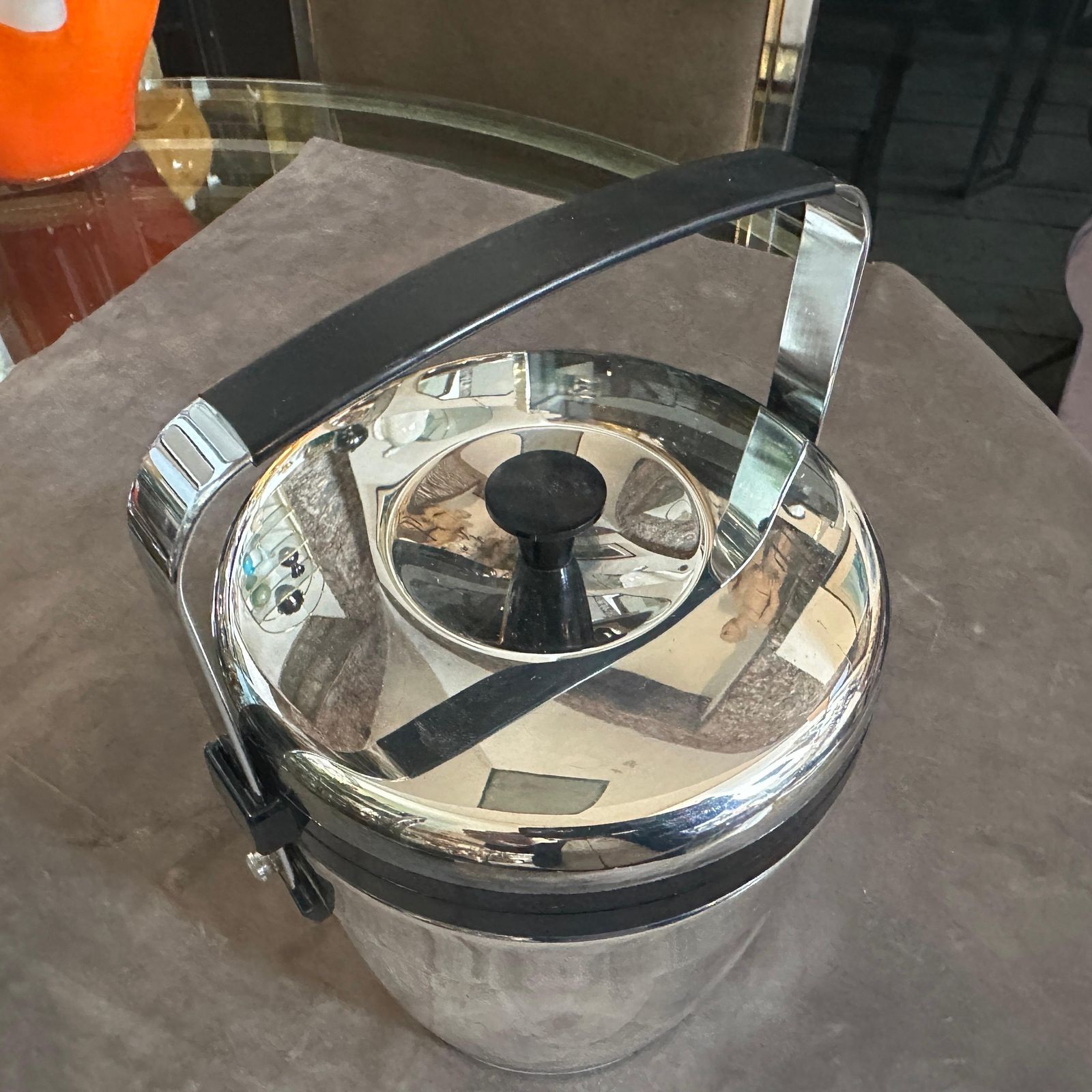 photo for sale 1970s Art Deco Style Chromed Metal And Black Plastic Ice Bucket By Erhard