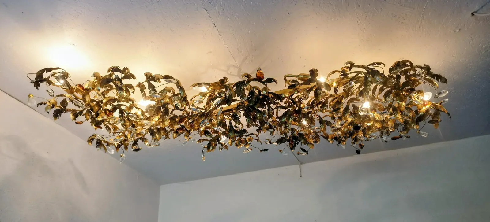 photo vintage Large Monumental Wrought Iron Leaf & Crystal Rectangular Flush Mount Chandelier Hollywood Regency 1990ss