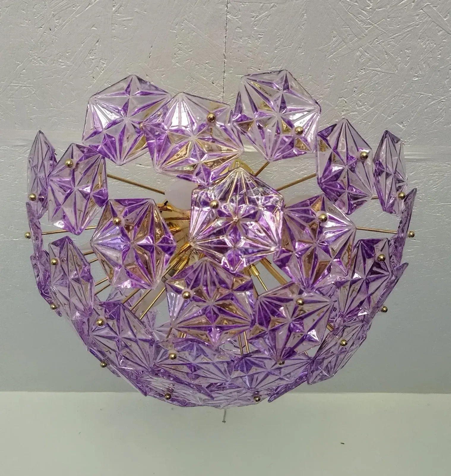 1990s Mid Century Modern Sputnik Flush Mount Chandelier Purple Diamond Cut Glass Lighting photo for sale
