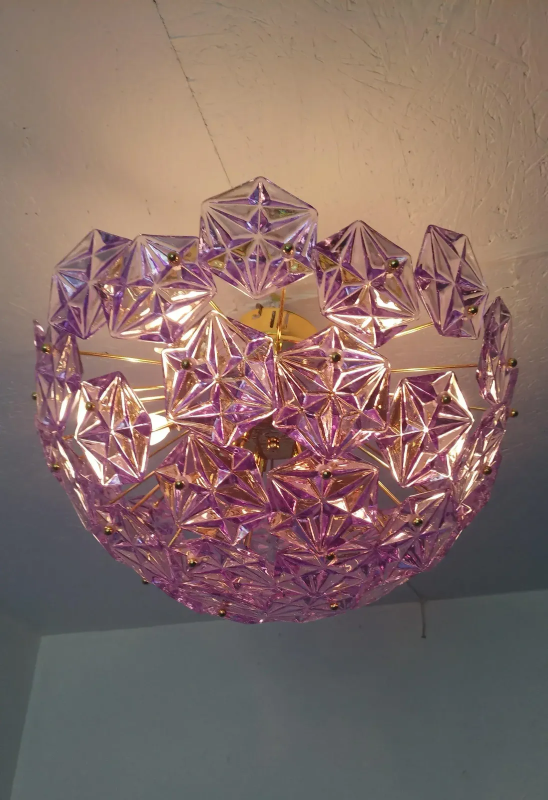 1990s Mid Century Modern Sputnik Flush Mount Chandelier Purple Diamond Cut Glass Lighting photo 1665.0
