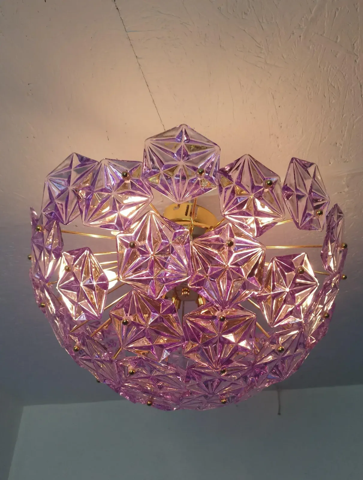 1990s Mid Century Modern Sputnik Flush Mount Chandelier Purple Diamond Cut Glass Lighting photo vinterior