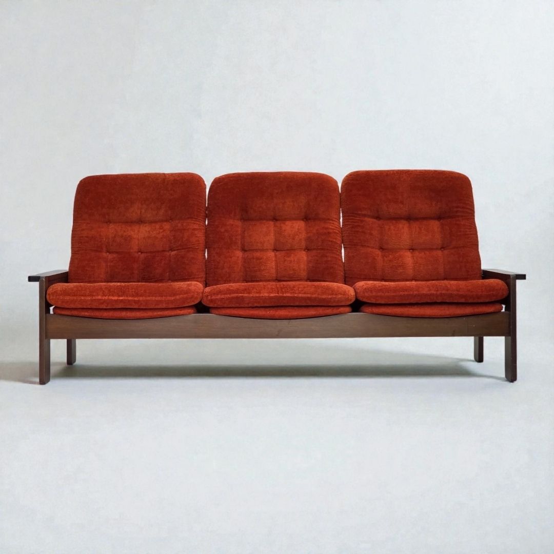 1970s, 3 Seater Danish Sofa, Orange/Red Furniture Velour, Oak Wood.
