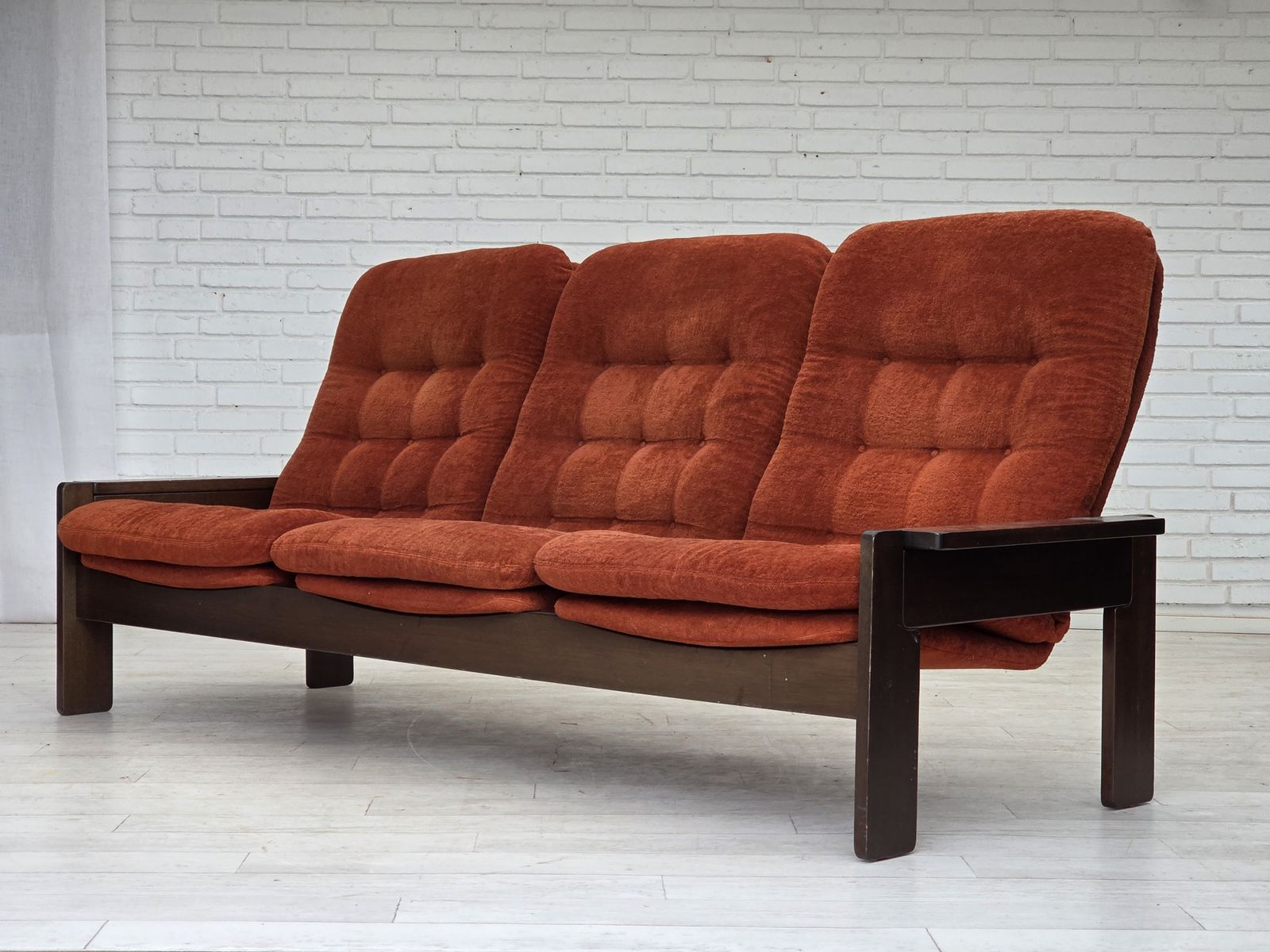 1970s, 3 Seater Danish Sofa, Orange/Red Furniture Velour, Oak Wood. photo vinterior