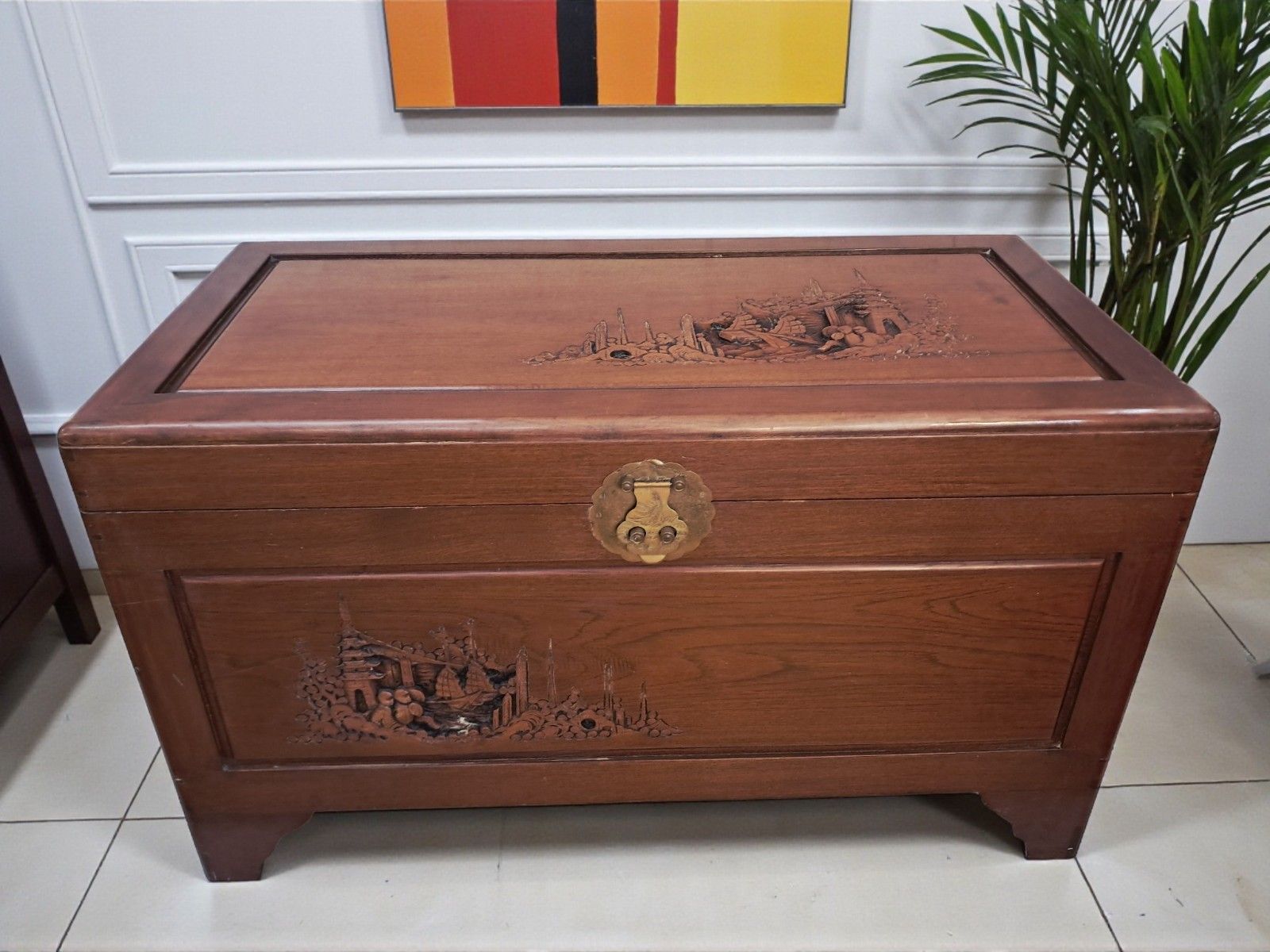 Antique Large Camphor Wood Trunk  Asian Oriental Carved Chest /  Trunk / Coffee photo furniture
