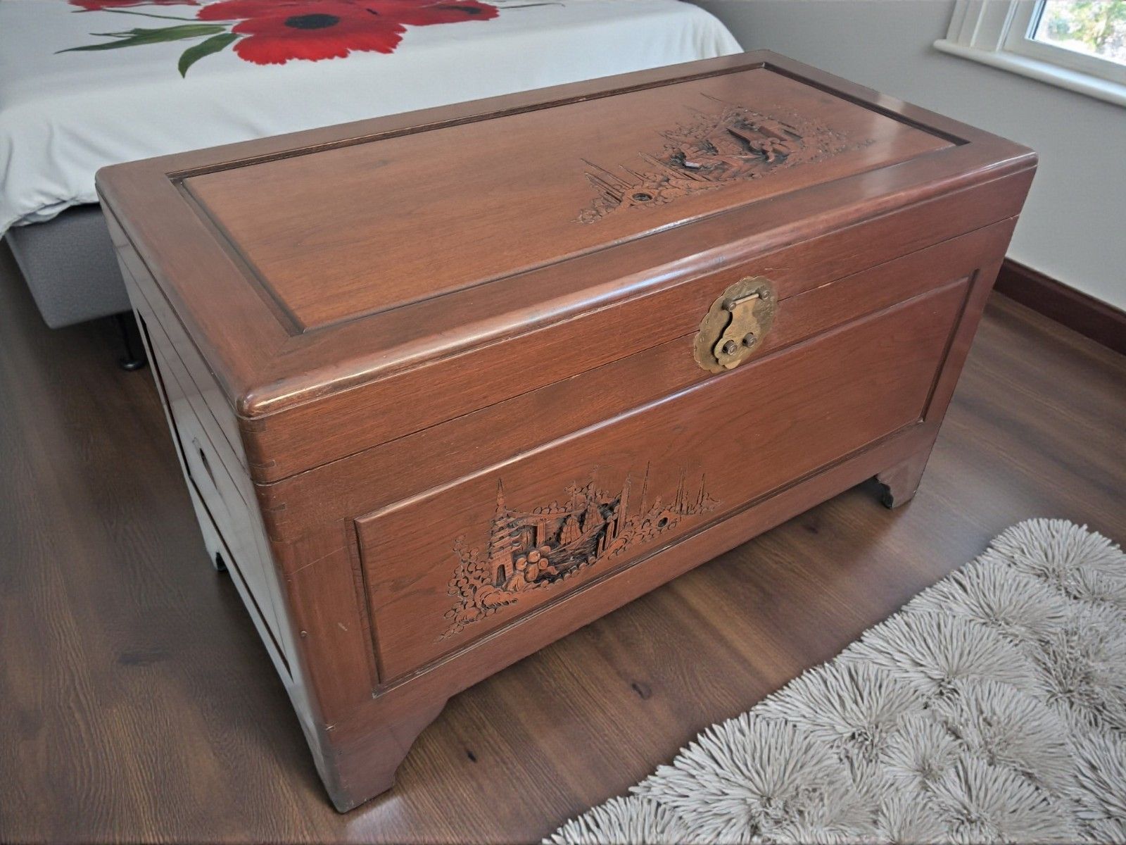 Antique Large Camphor Wood Trunk  Asian Oriental Carved Chest /  Trunk / Coffee photo 375.0