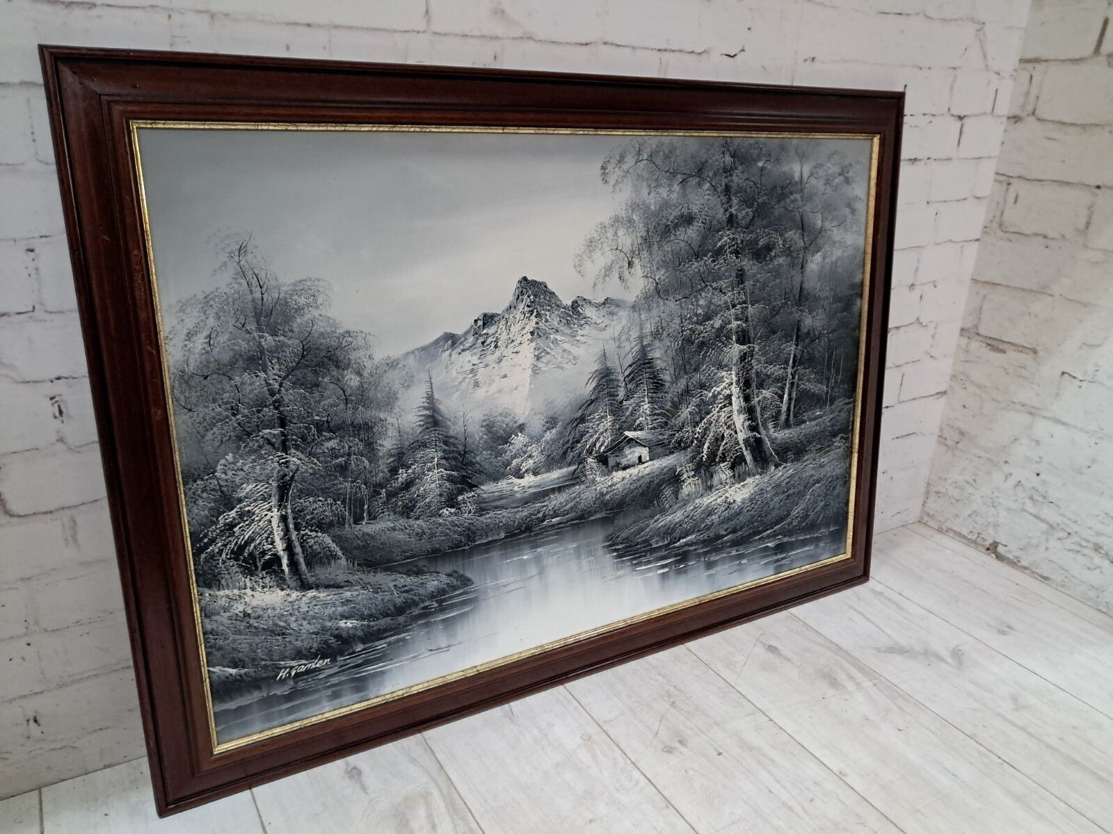 Large Oil Painting Black & White Winter Landscape On Canvas H Gamlen 1980 Framed photo furniture