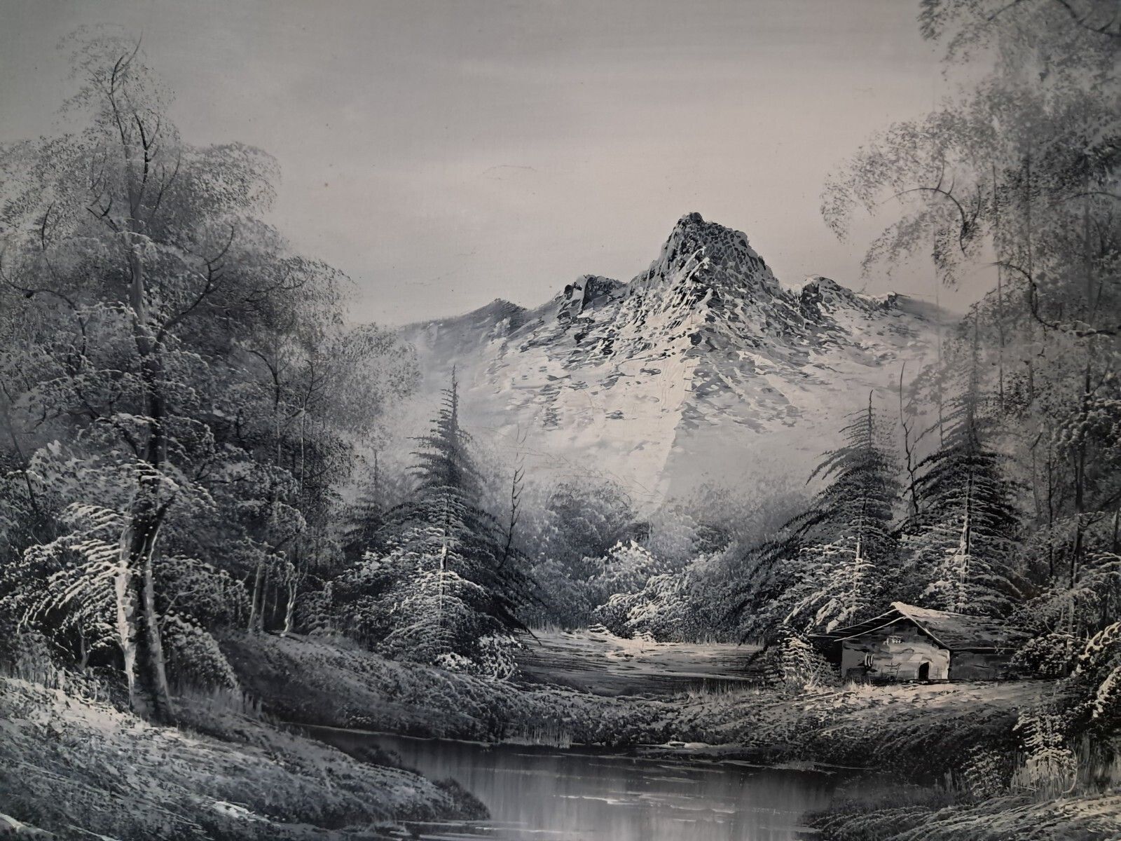 photo for sale Large Oil Painting Black & White Winter Landscape On Canvas H Gamlen 1980 Framed