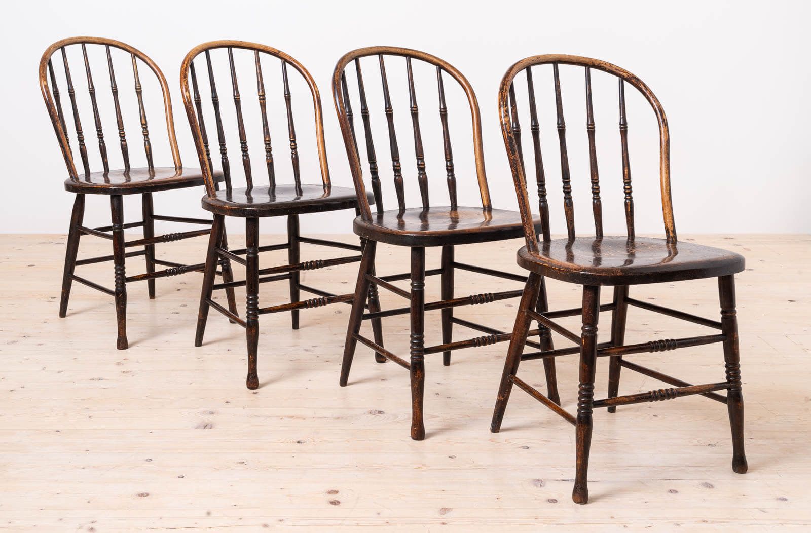 Set Of 4 Countryside Style Dining Chairs, Spindle Back, Rustic Character, Early 20th Century