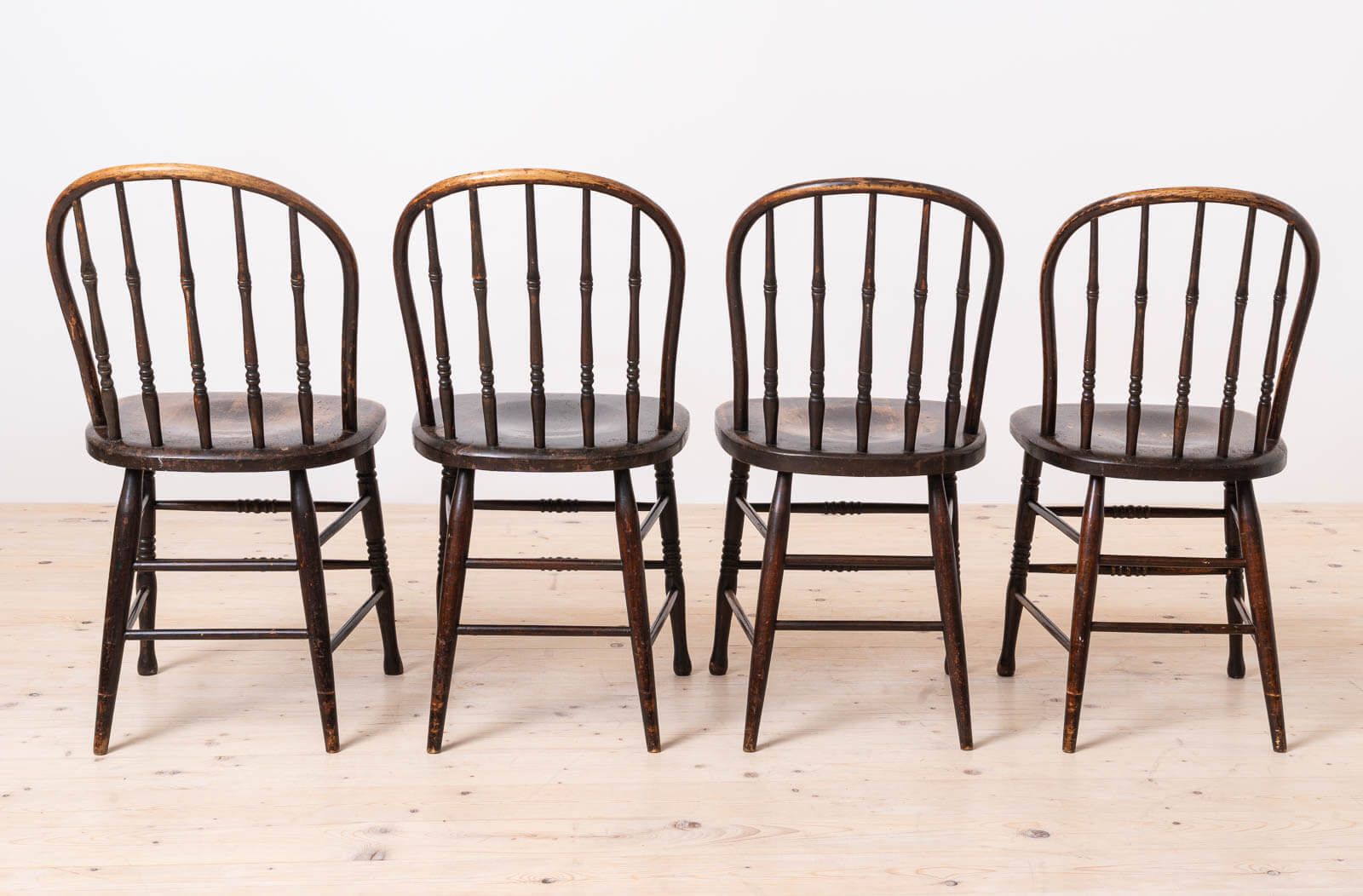 Set Of 4 Countryside Style Dining Chairs, Spindle Back, Rustic Character, Early 20th Century photo for sale