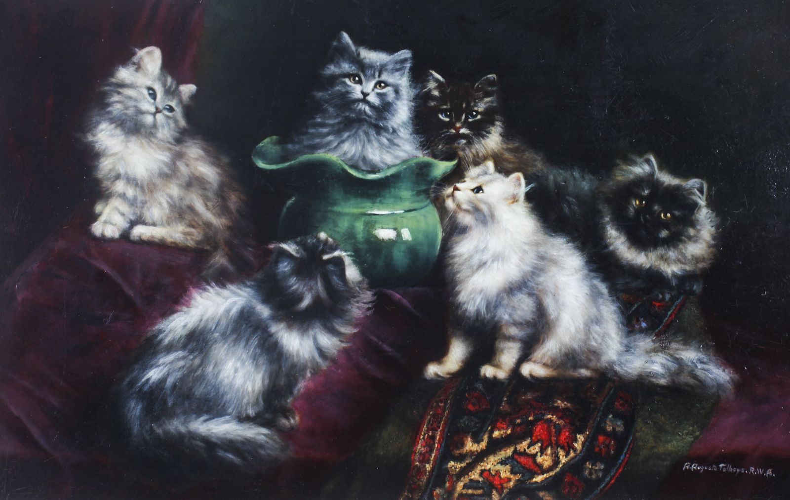 Antique Painting By Agnes Augusta Talboys Of Persian Kittens  19th C photo furniture