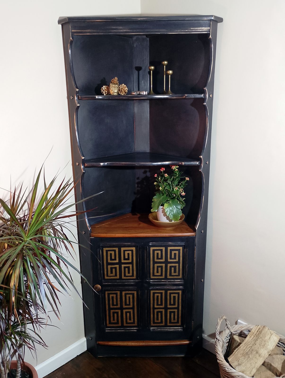 Ercol Corner Cabinet In Athenian Black With Hand Painted Gold Highlights