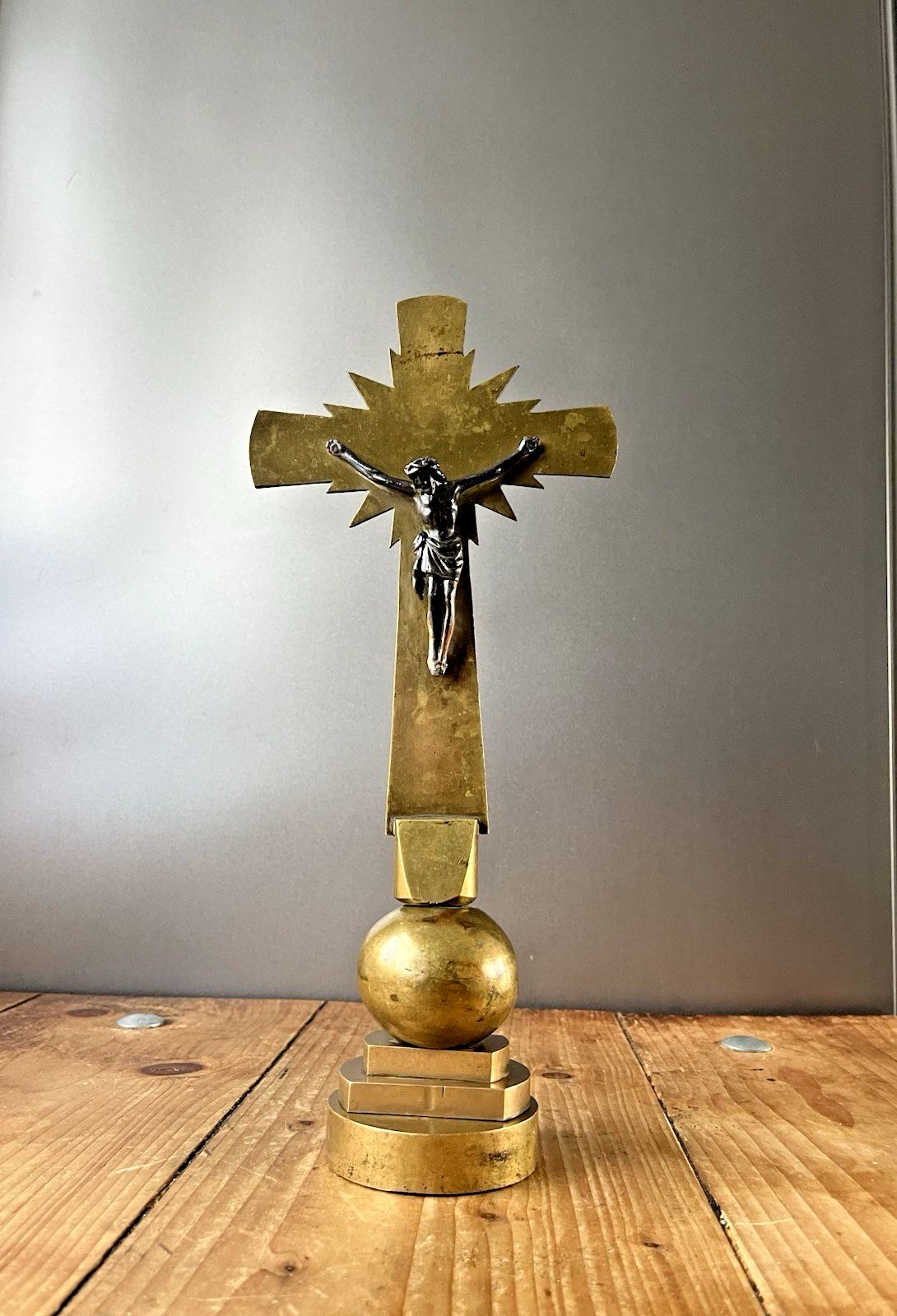 Art Deco Brass & Bronze Freestanding Altar Crucifix Church Cross Jesus French ? photo furniture