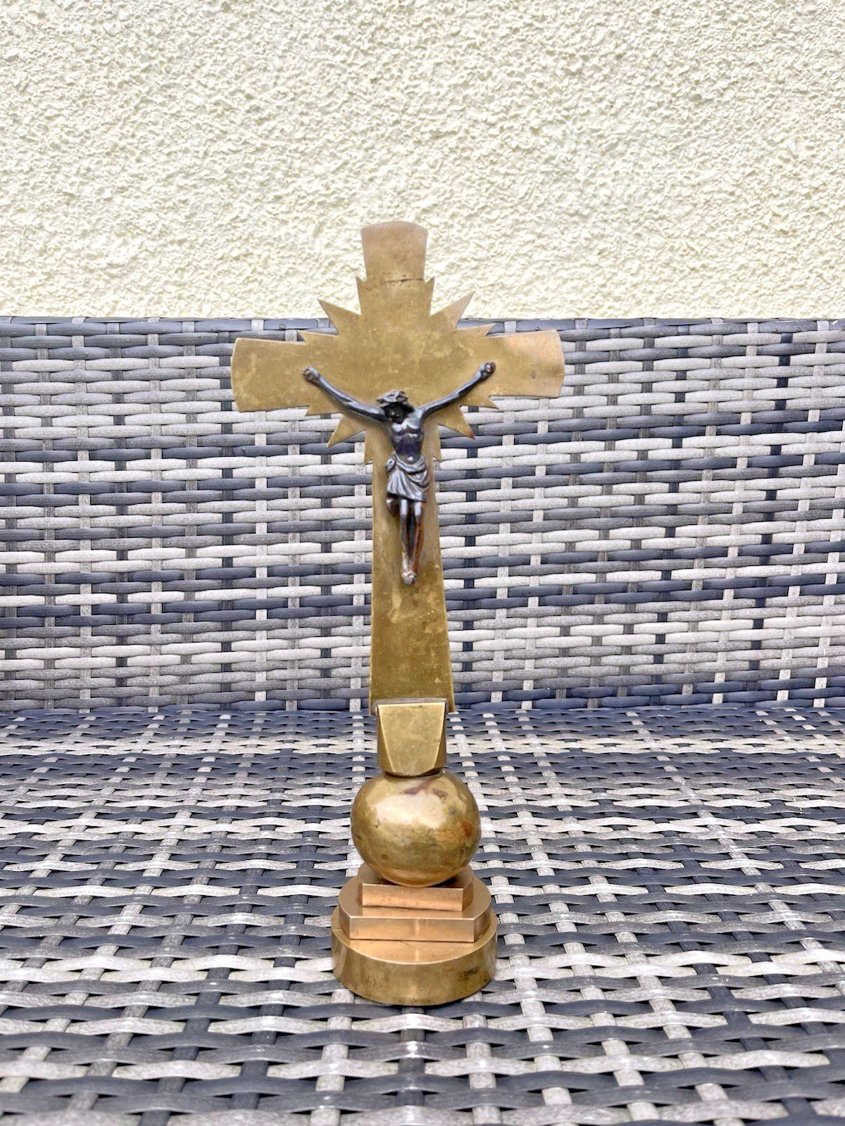 Art Deco Brass & Bronze Freestanding Altar Crucifix Church Cross Jesus French ? photo 175.0