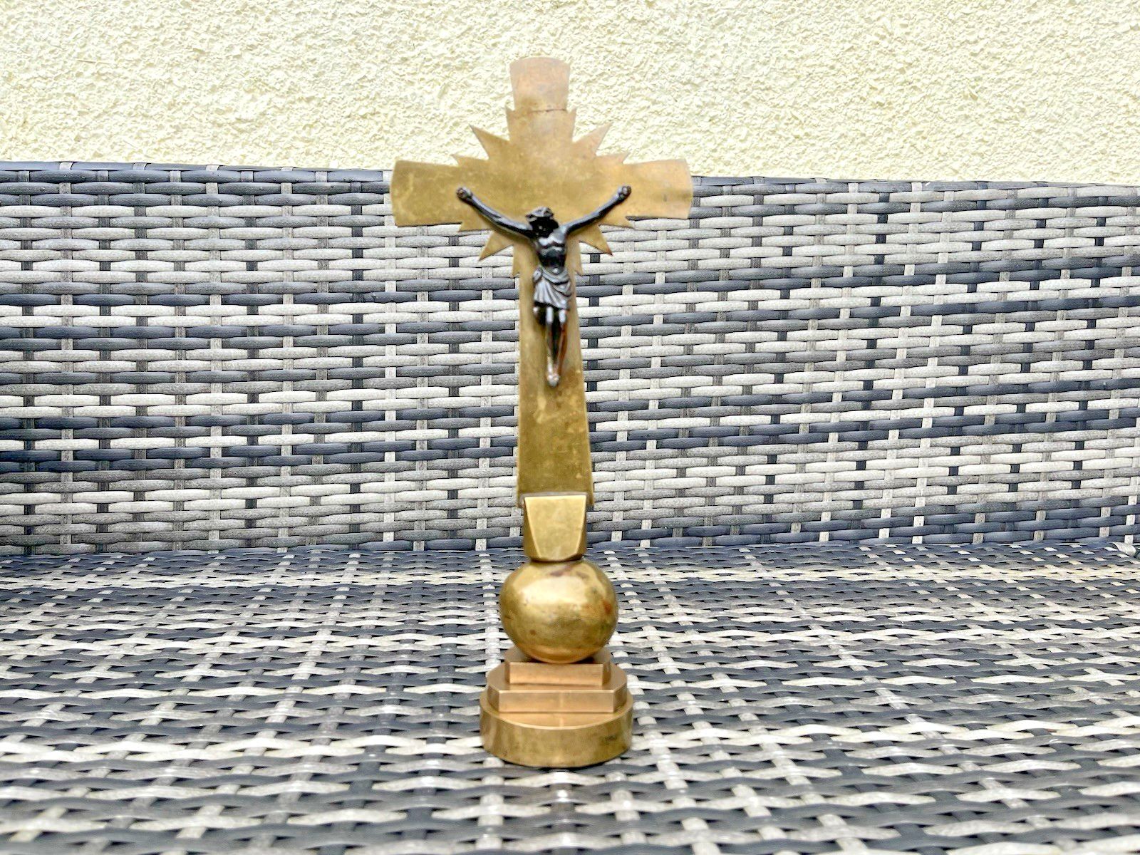 Art Deco Brass & Bronze Freestanding Altar Crucifix Church Cross Jesus French ? photo vinterior