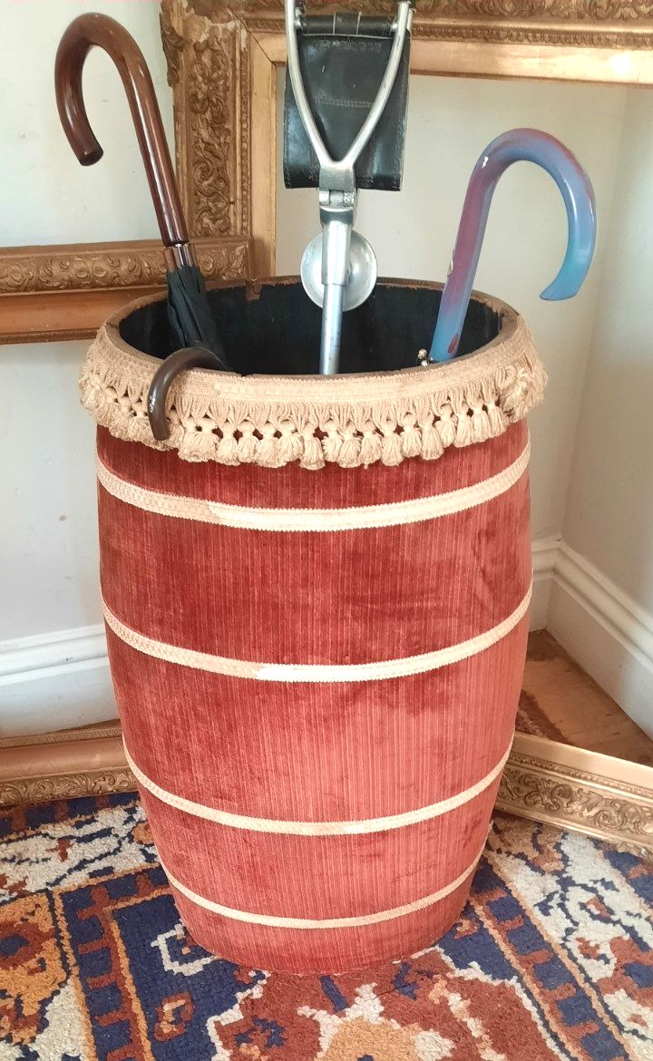 Antique Upholstered Stick Stand Barrel Umbrella Holder Cane Stand photo furniture