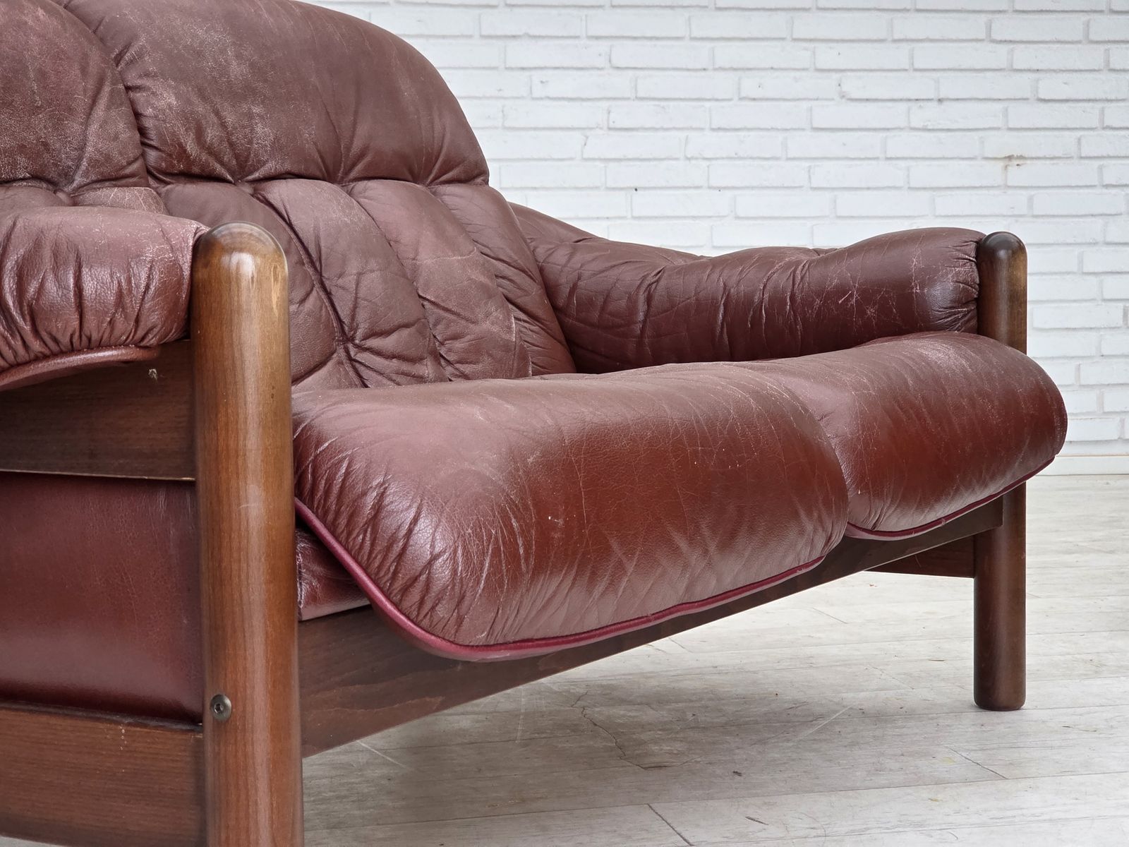 1970s, 2 Seater Swedish Sofa, Brown Leather With Patina, Dark Beech Wood. photo furniture