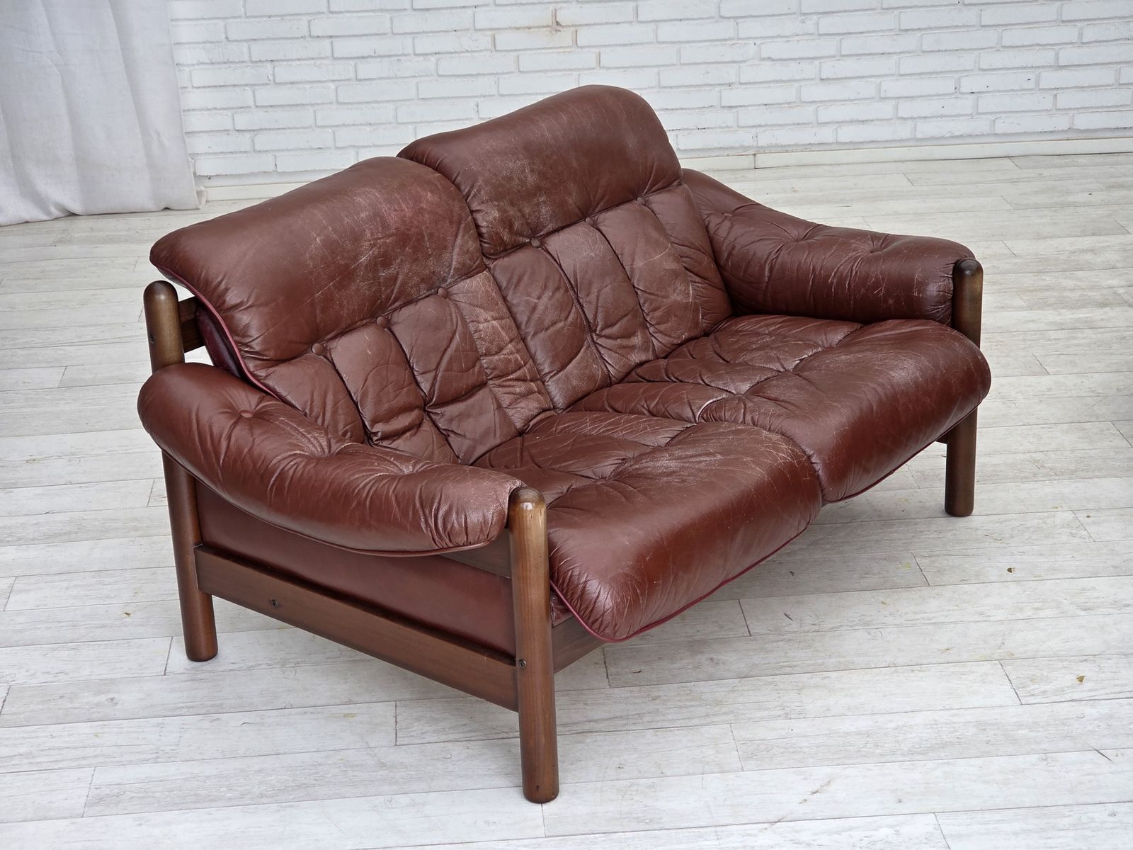 1970s, 2 Seater Swedish Sofa, Brown Leather With Patina, Dark Beech Wood. photo 1770.0