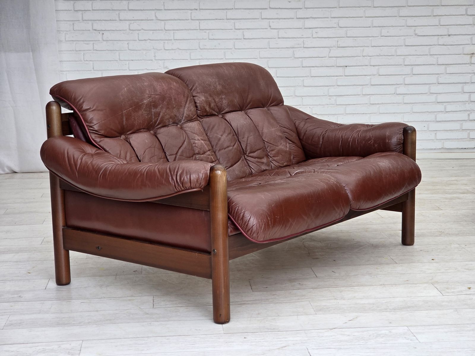 1970s, 2 Seater Swedish Sofa, Brown Leather With Patina, Dark Beech Wood. photo vinterior