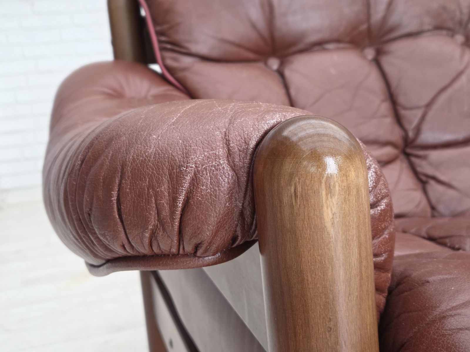 1970s, 2 Seater Swedish Sofa, Brown Leather With Patina, Dark Beech Wood. photo vintage