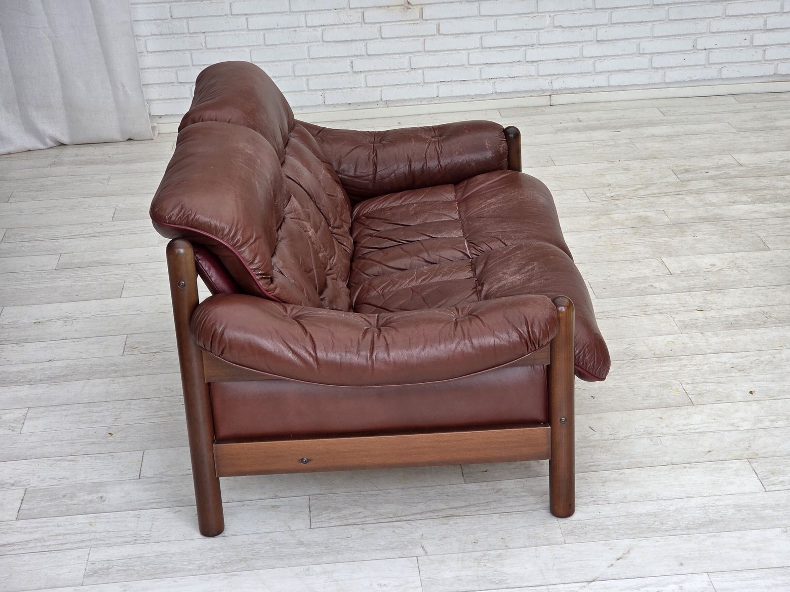 photo for sale 1970s, 2 Seater Swedish Sofa, Brown Leather With Patina, Dark Beech Wood.